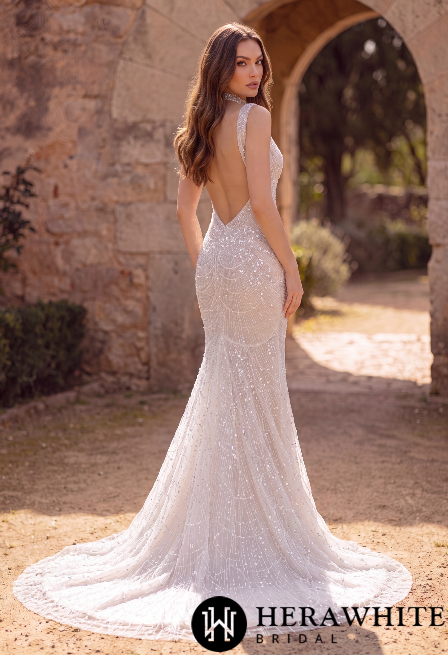 Deep-V Mermaid Beaded Lace Wedding Dress with Choker