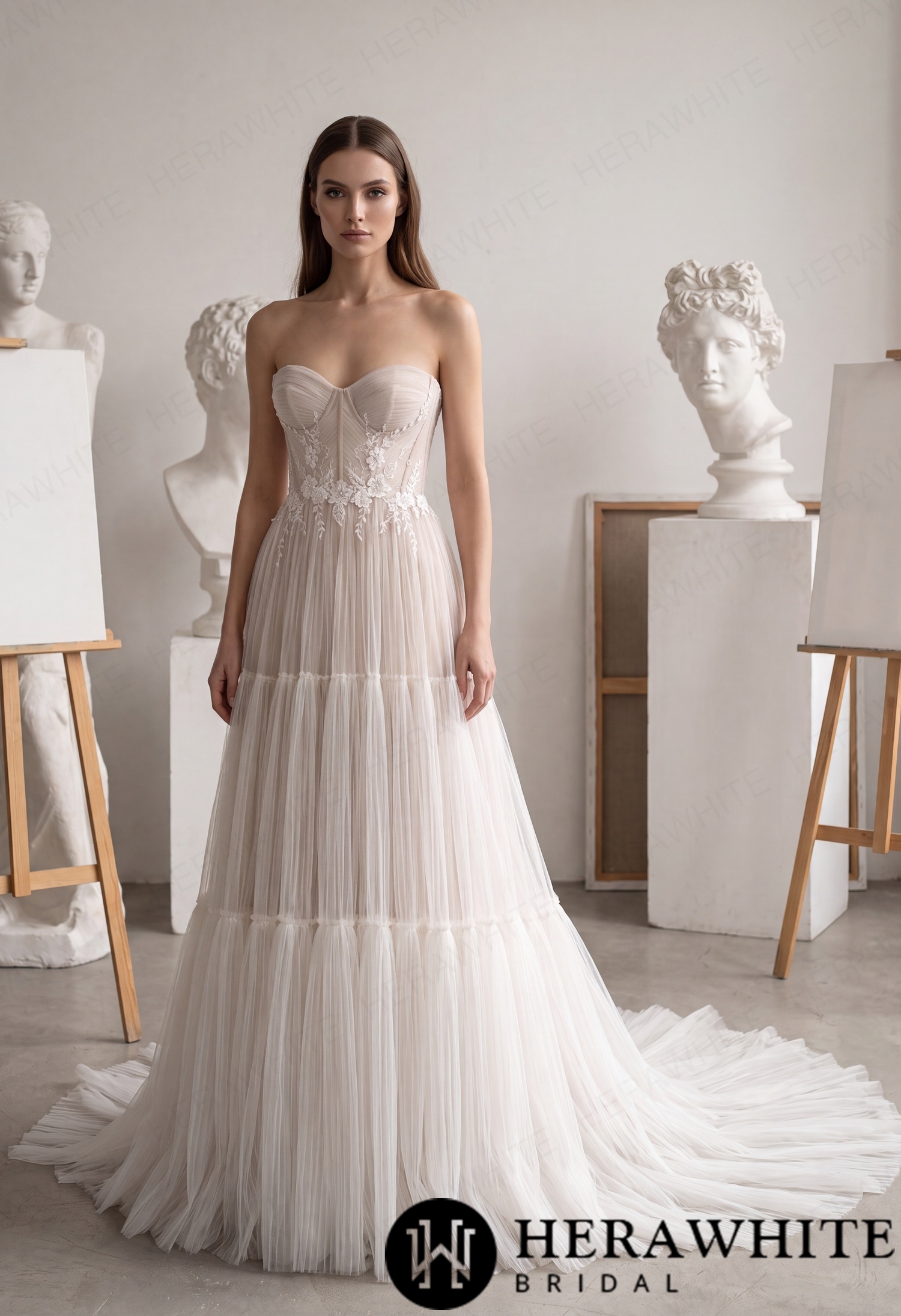 Tiered A-Line Tulle Wedding Dress with Floral Lace HW4097