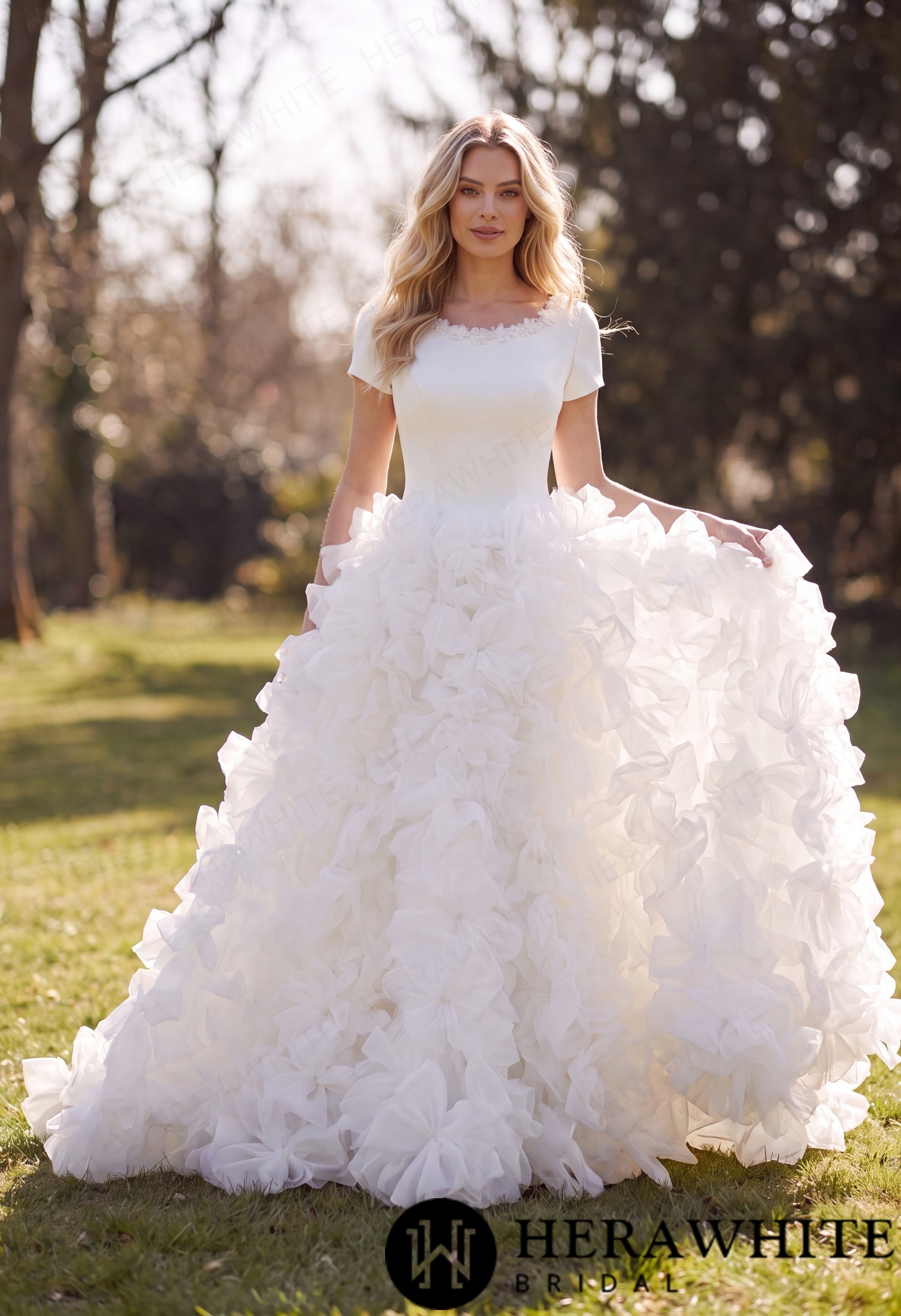 Satin Organza Ball Gown Wedding Dress - Short Sleeves