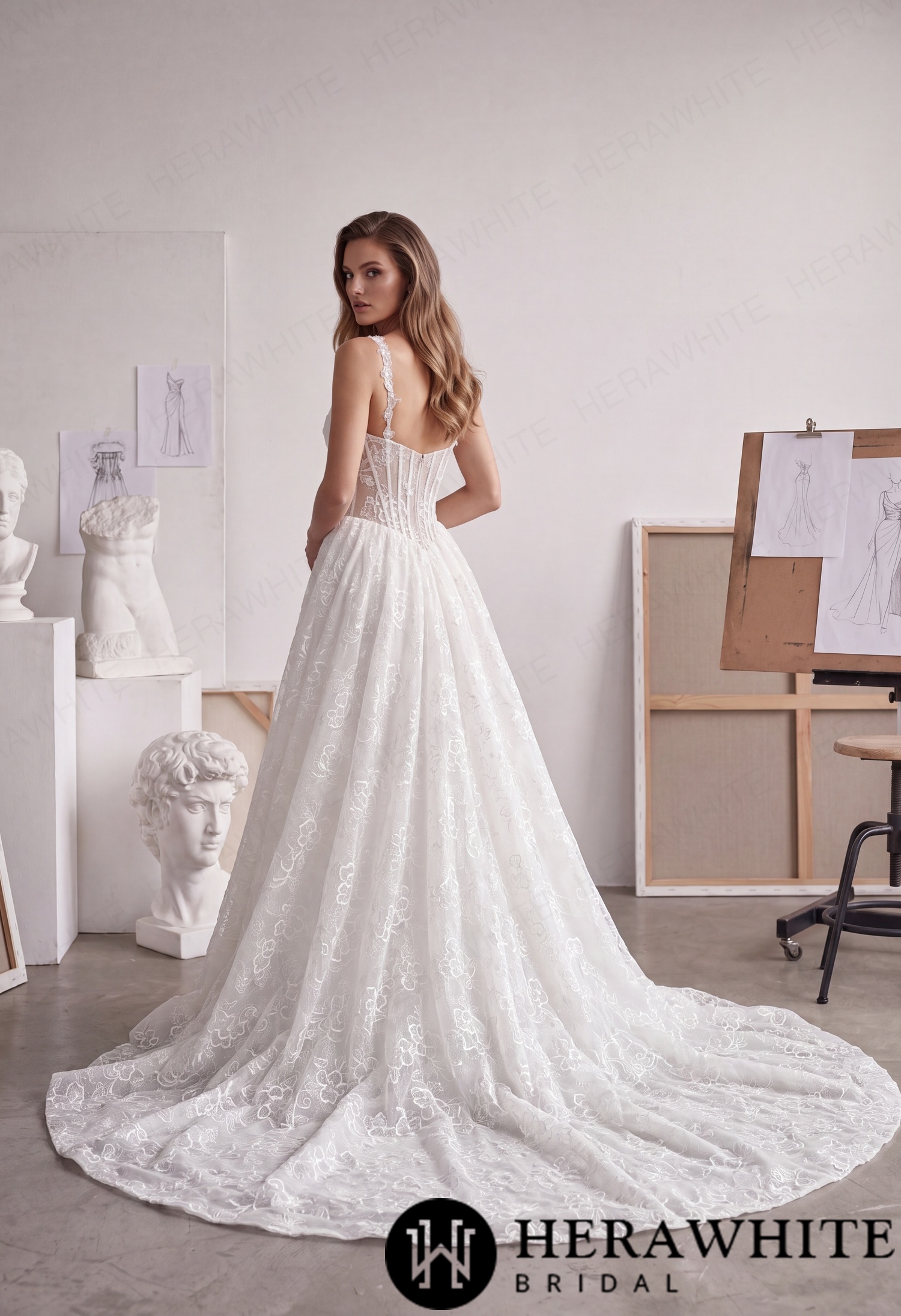 Square Neck Lace A-Line Wedding Dress with Floral Straps HW4101