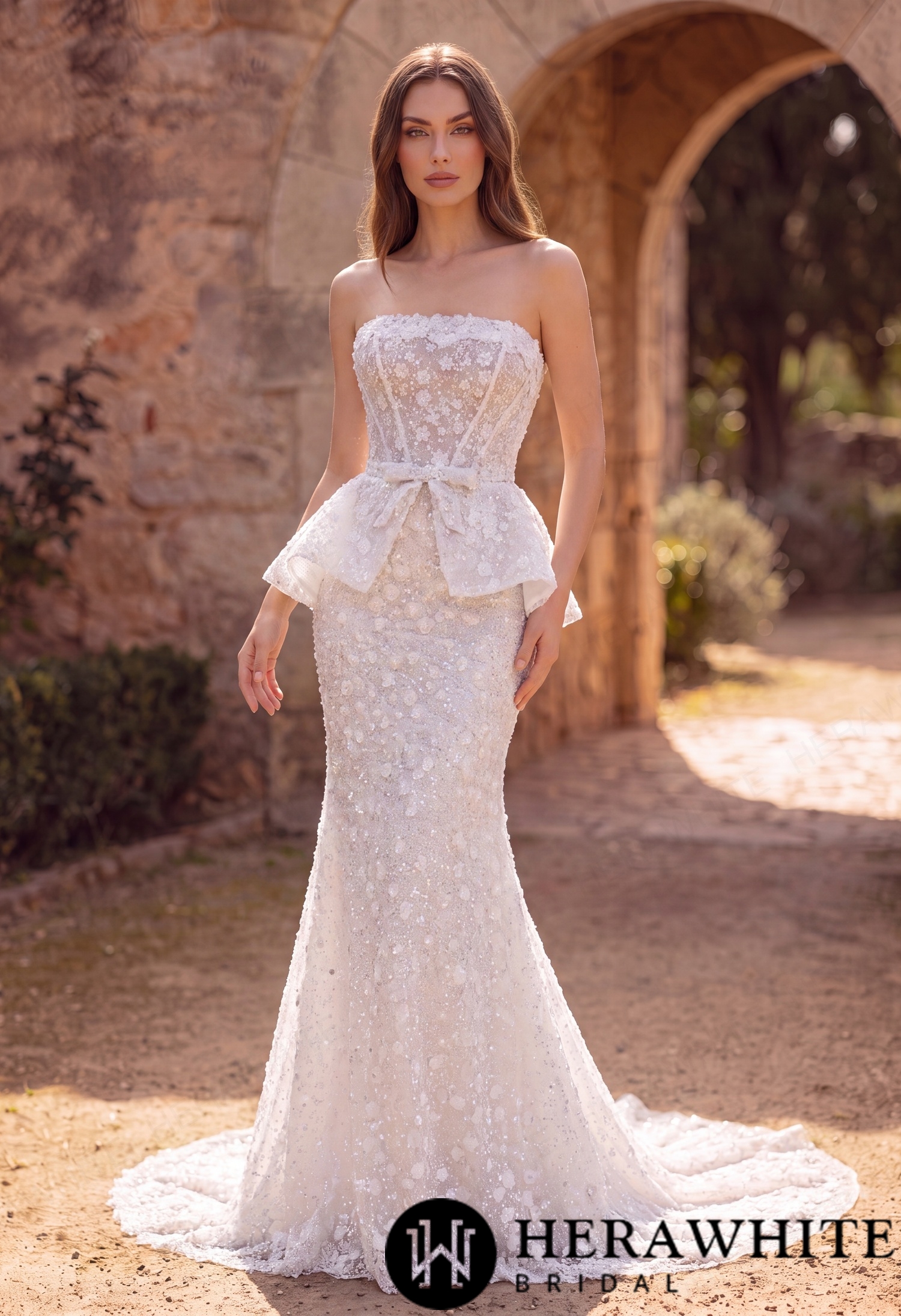 Mermaid Wedding Dress with Beaded Lace Peplum Sash