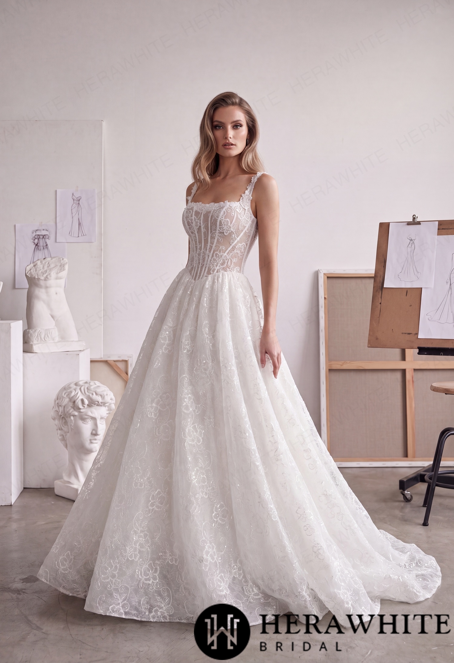 Square Neck Lace A-Line Wedding Dress with Floral Straps HW4101