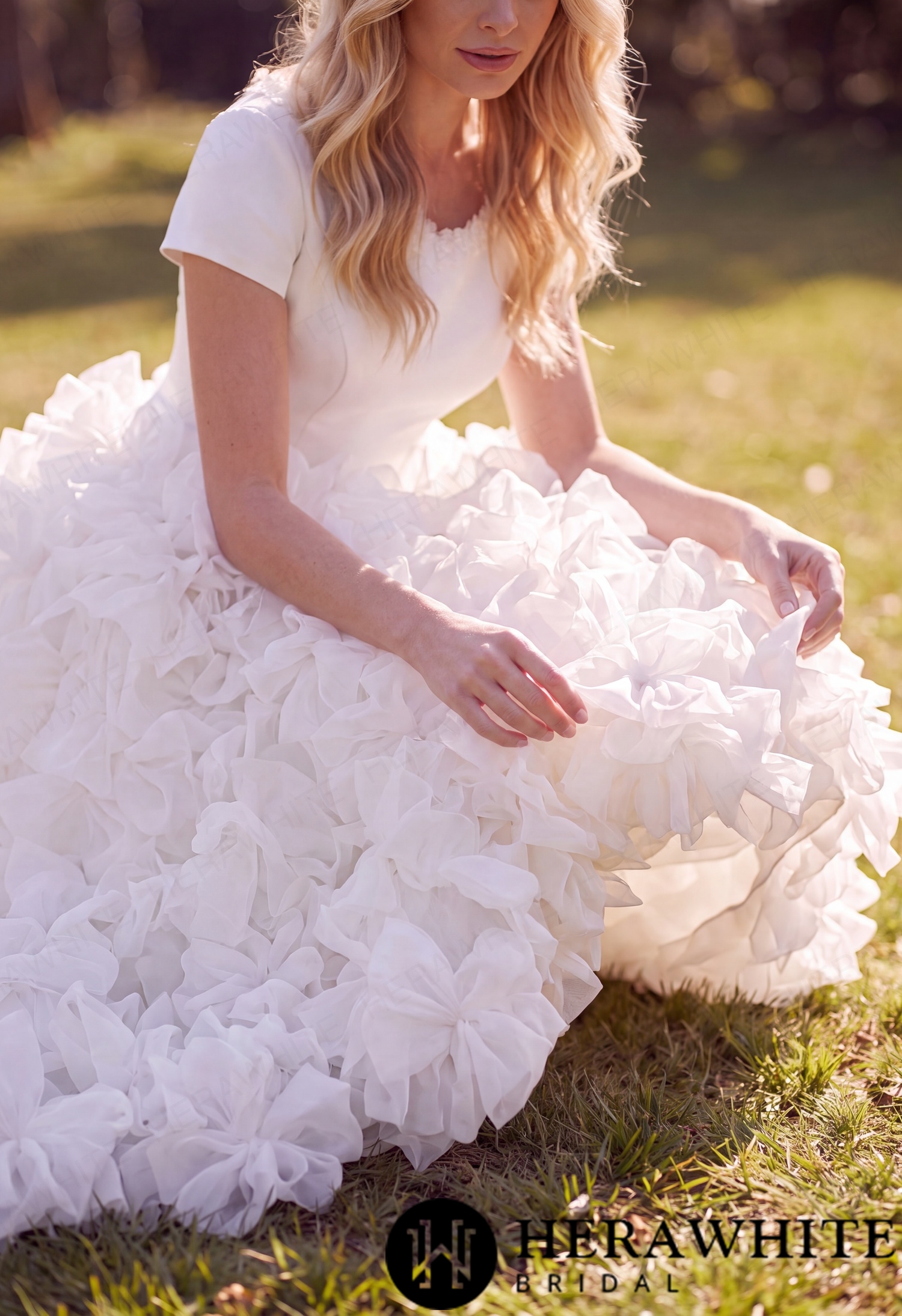 Satin Organza Ball Gown Wedding Dress - Short Sleeves