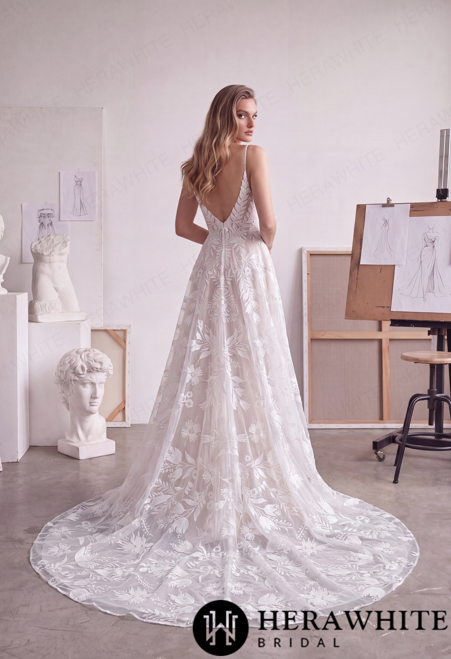 Floral Lace A-Line Wedding Dress with Plunging V-Neck HW4104