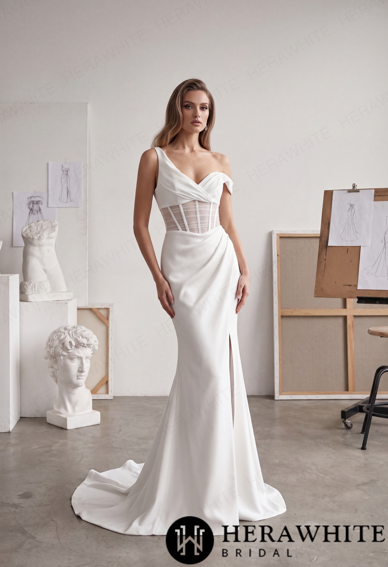 Asymmetrical Satin Wedding Dress - Sheer Corset Bodice