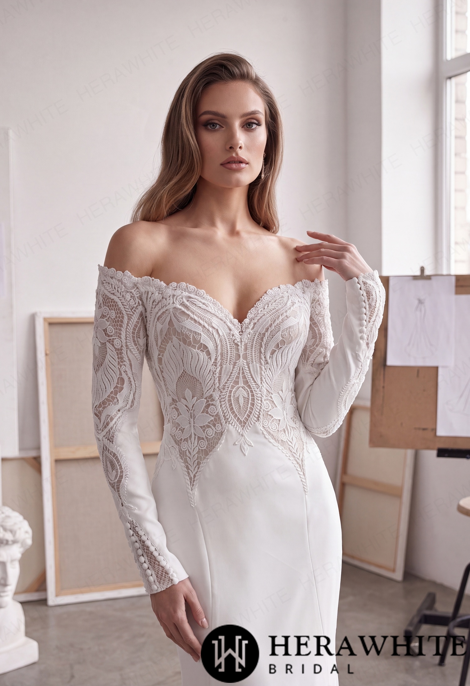 Off-Shoulder Long-Sleeve Crepe Wedding Dress with Lace HW4106