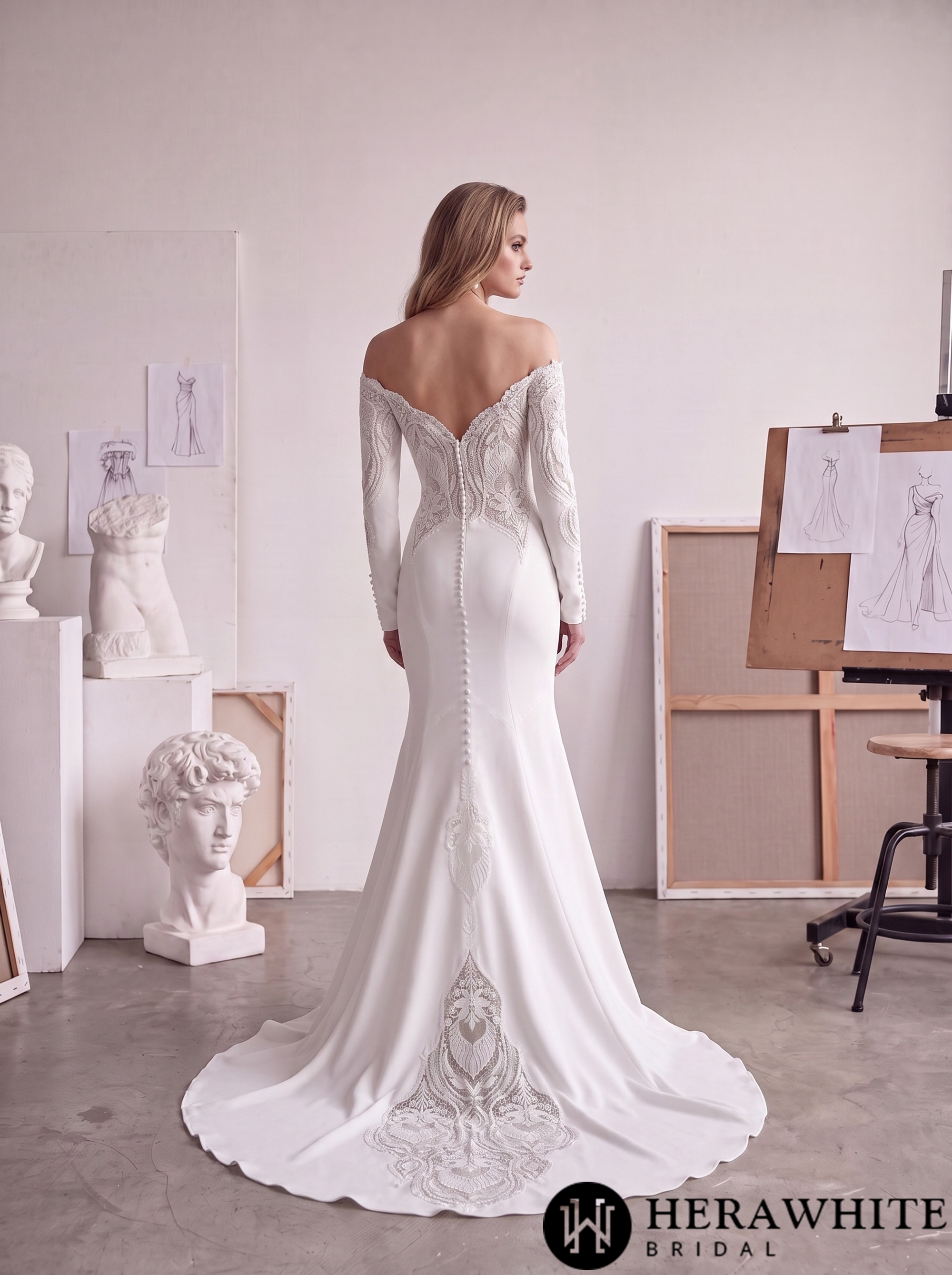 Off-Shoulder Long-Sleeve Crepe Wedding Dress with Lace HW4106