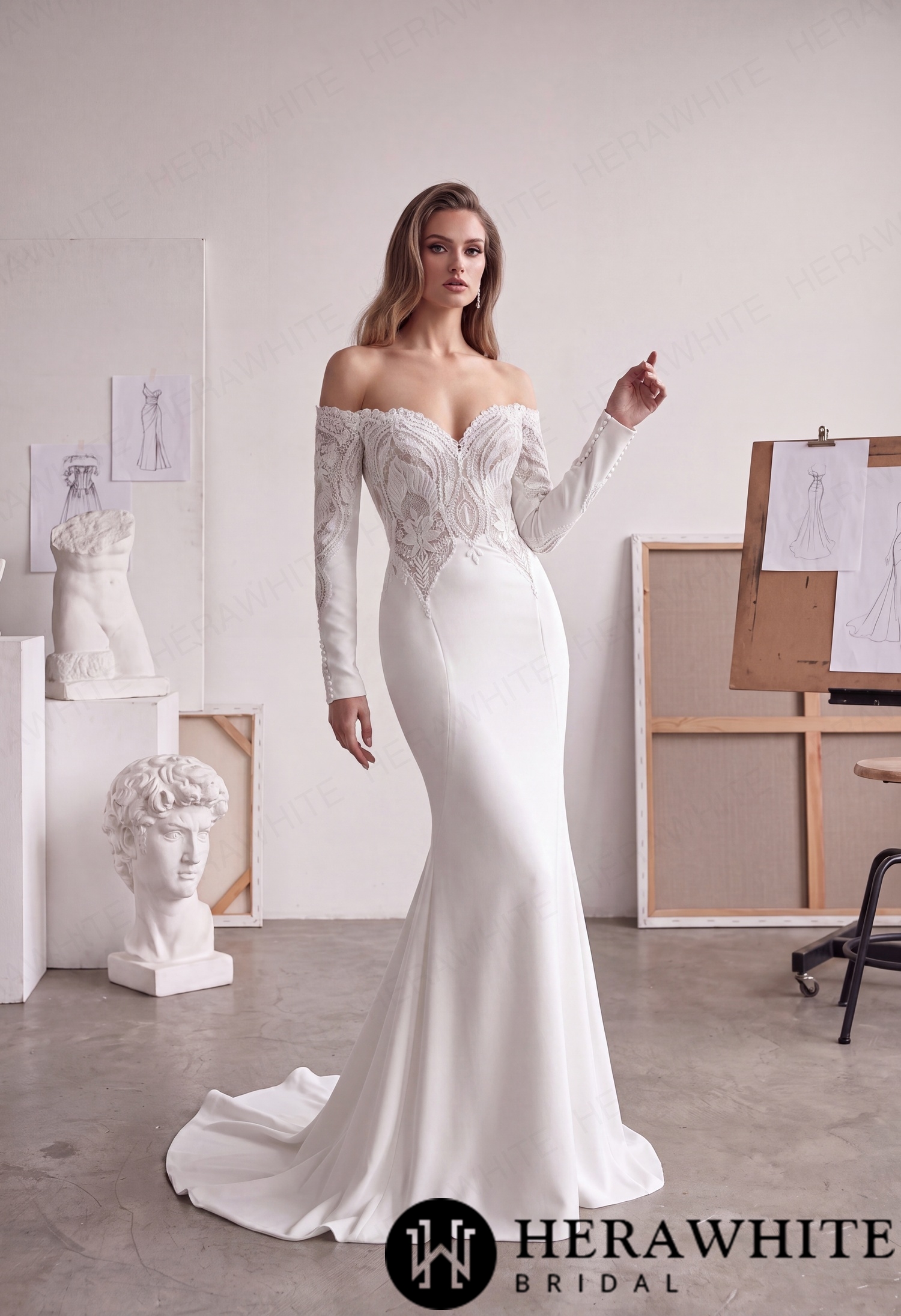 Off-Shoulder Long-Sleeve Crepe Wedding Dress with Lace HW4106