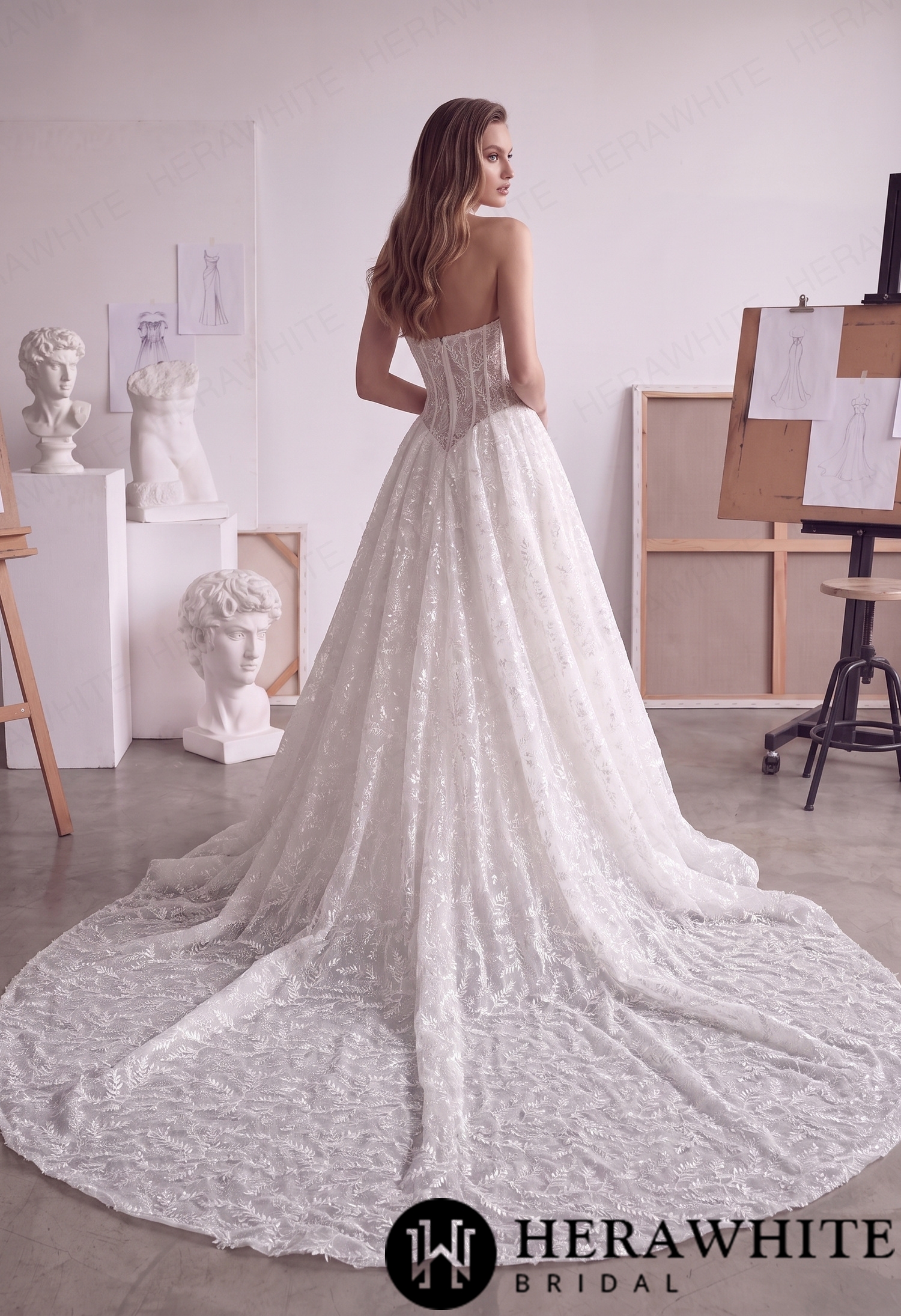 Strapless Lace A-Line Wedding Gown with Basque Waist HW4103