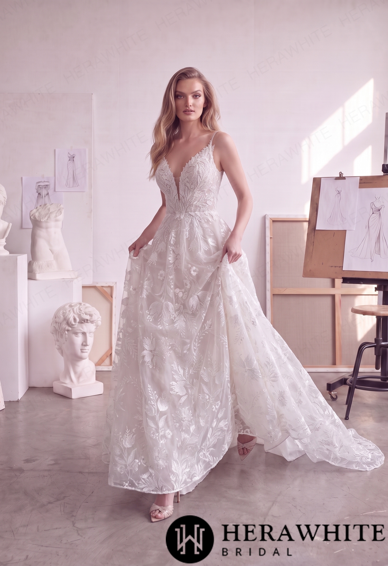 Floral Lace A-Line Wedding Dress with Plunging V-Neck HW4104