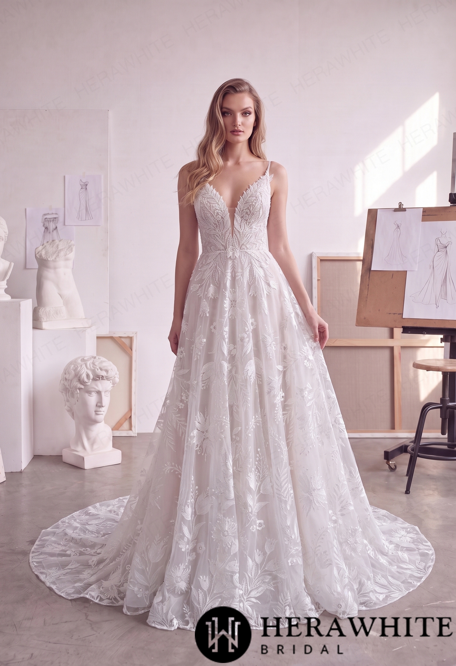 Floral Lace A-Line Wedding Dress with Plunging V-Neck HW4104
