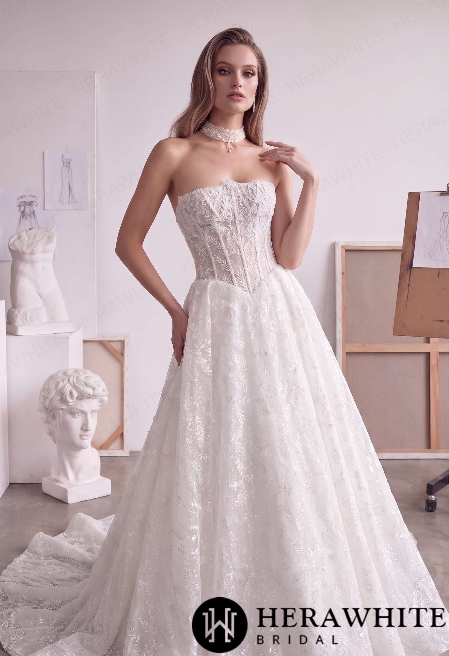 Strapless Lace A-Line Wedding Gown with Basque Waist HW4103