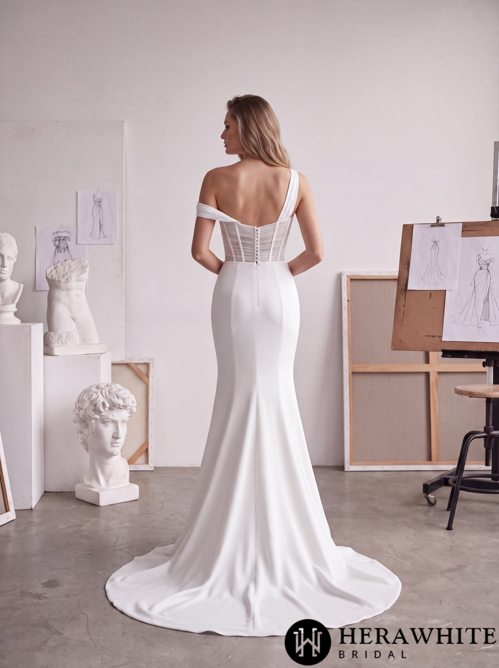 Asymmetrical Satin Wedding Dress - Sheer Corset Bodice