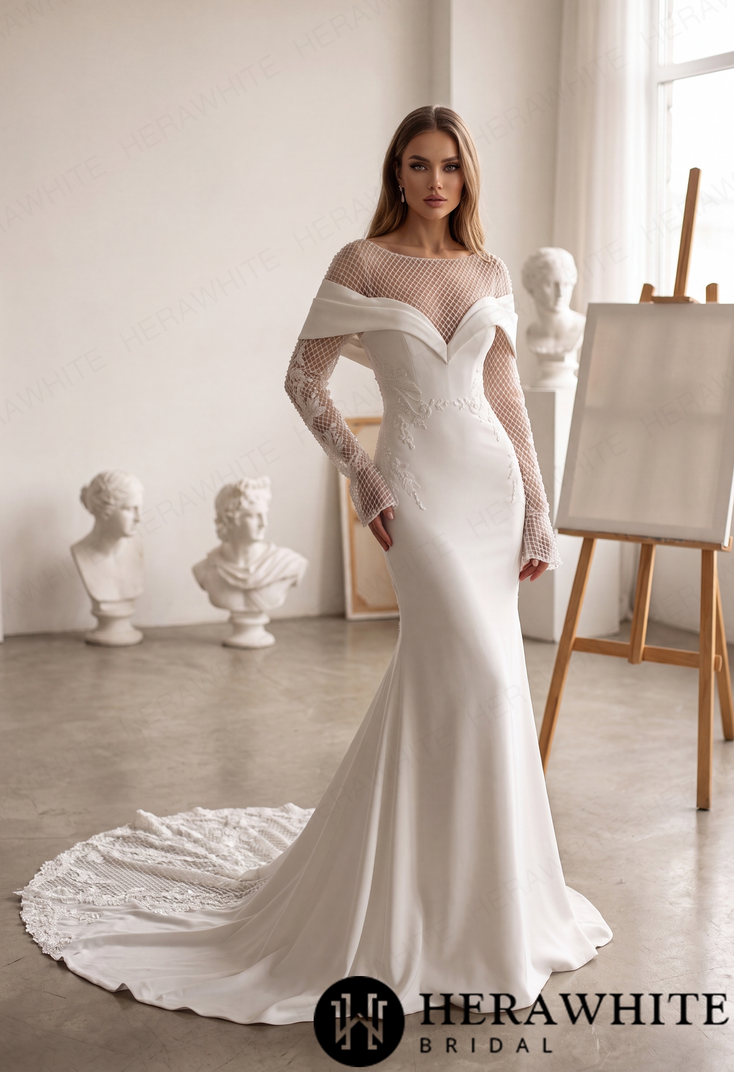 Off-Shoulder Fit-and-Flare Crepe Wedding Dress HW4096