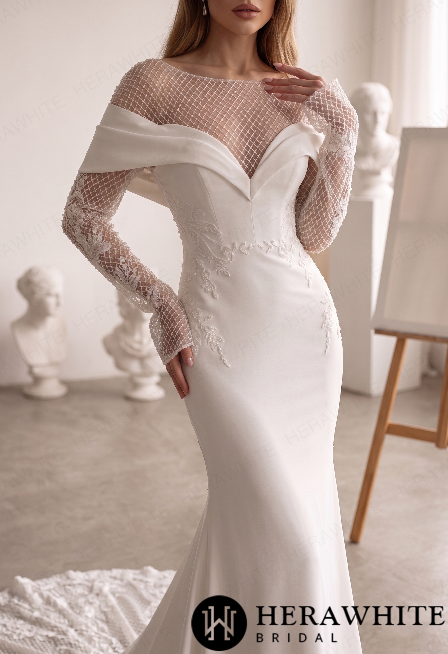 Off-Shoulder Fit-and-Flare Crepe Wedding Dress HW4096