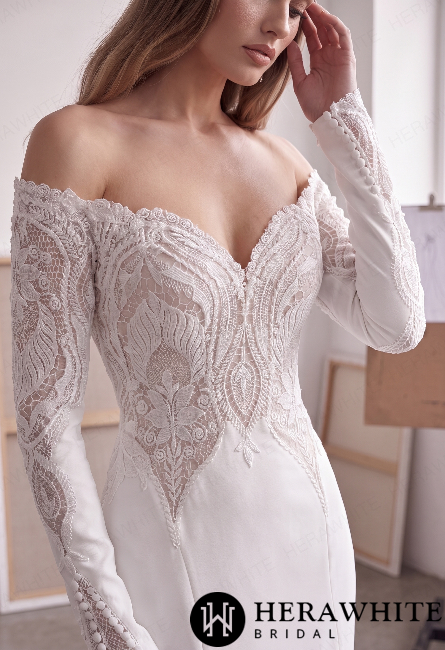 Off-Shoulder Long-Sleeve Crepe Wedding Dress with Lace HW4106