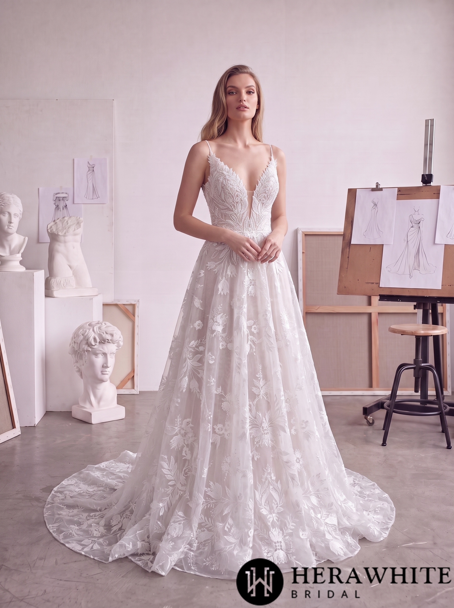 Floral Lace A-Line Wedding Dress with Plunging V-Neck HW4104
