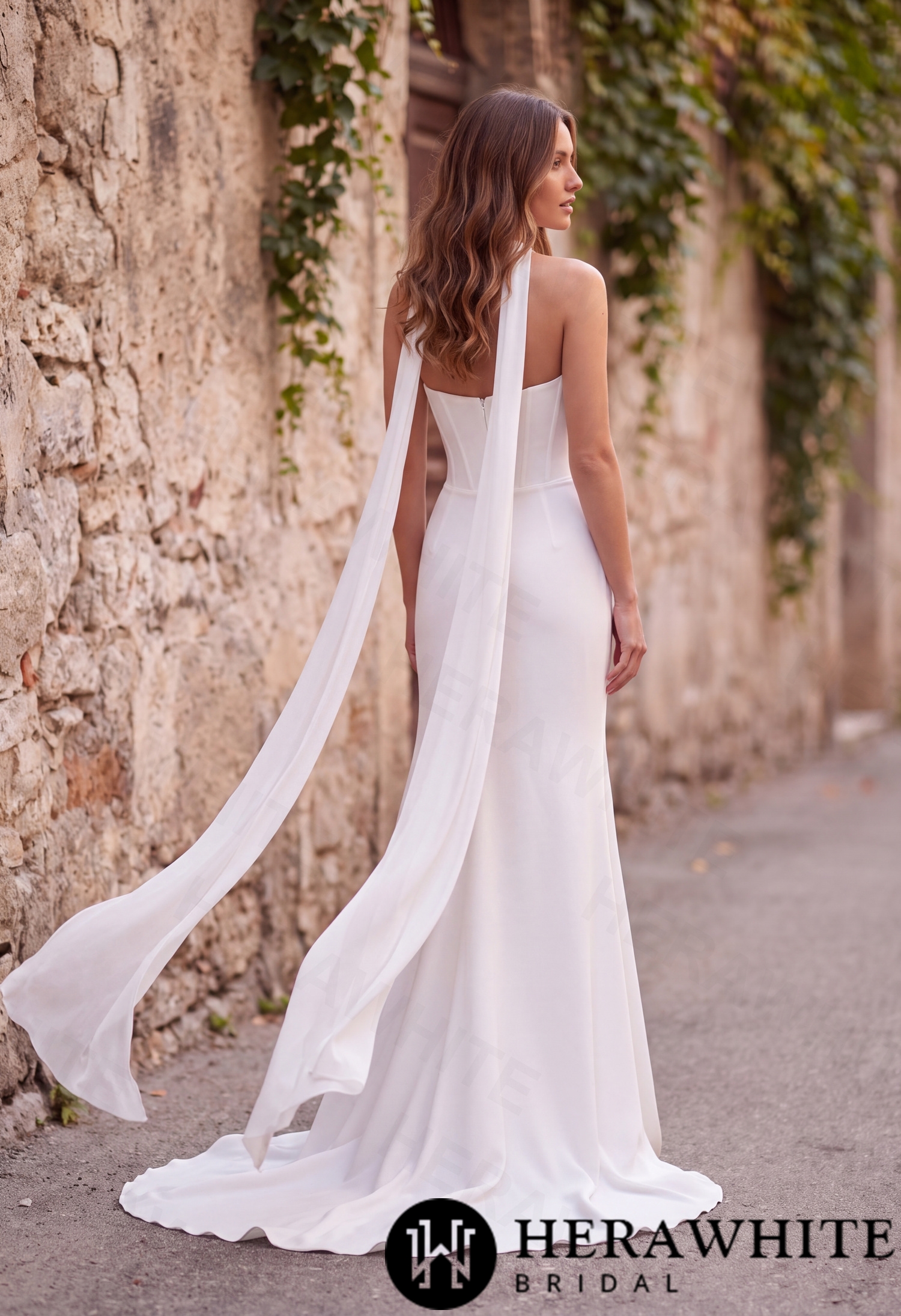 In Stock/ Sophisticated Off-Shoulder Crepe Wedding Dress with Pleated Bodice and Sweeping Train