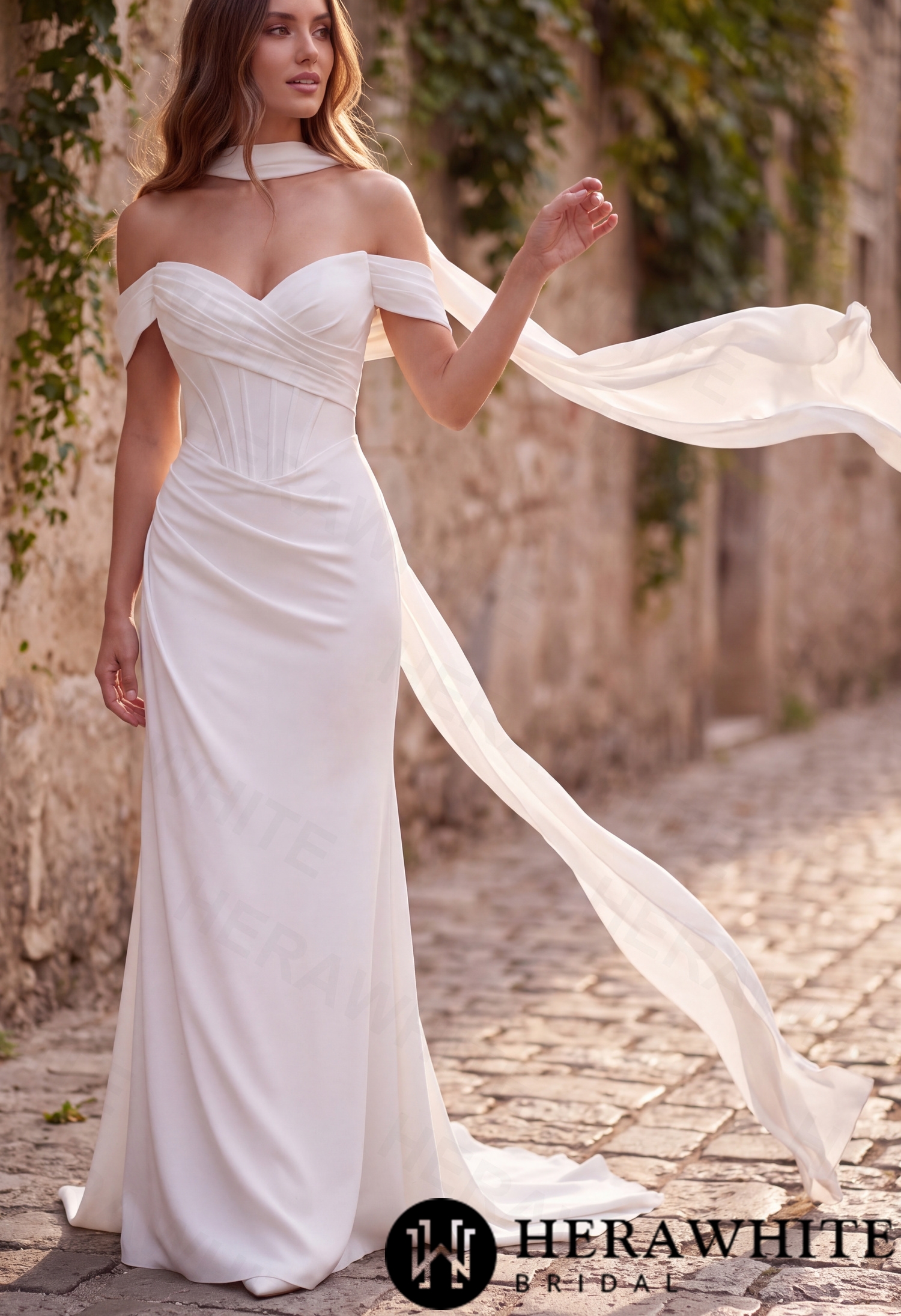 In Stock/ Sophisticated Off-Shoulder Crepe Wedding Dress with Pleated Bodice and Sweeping Train