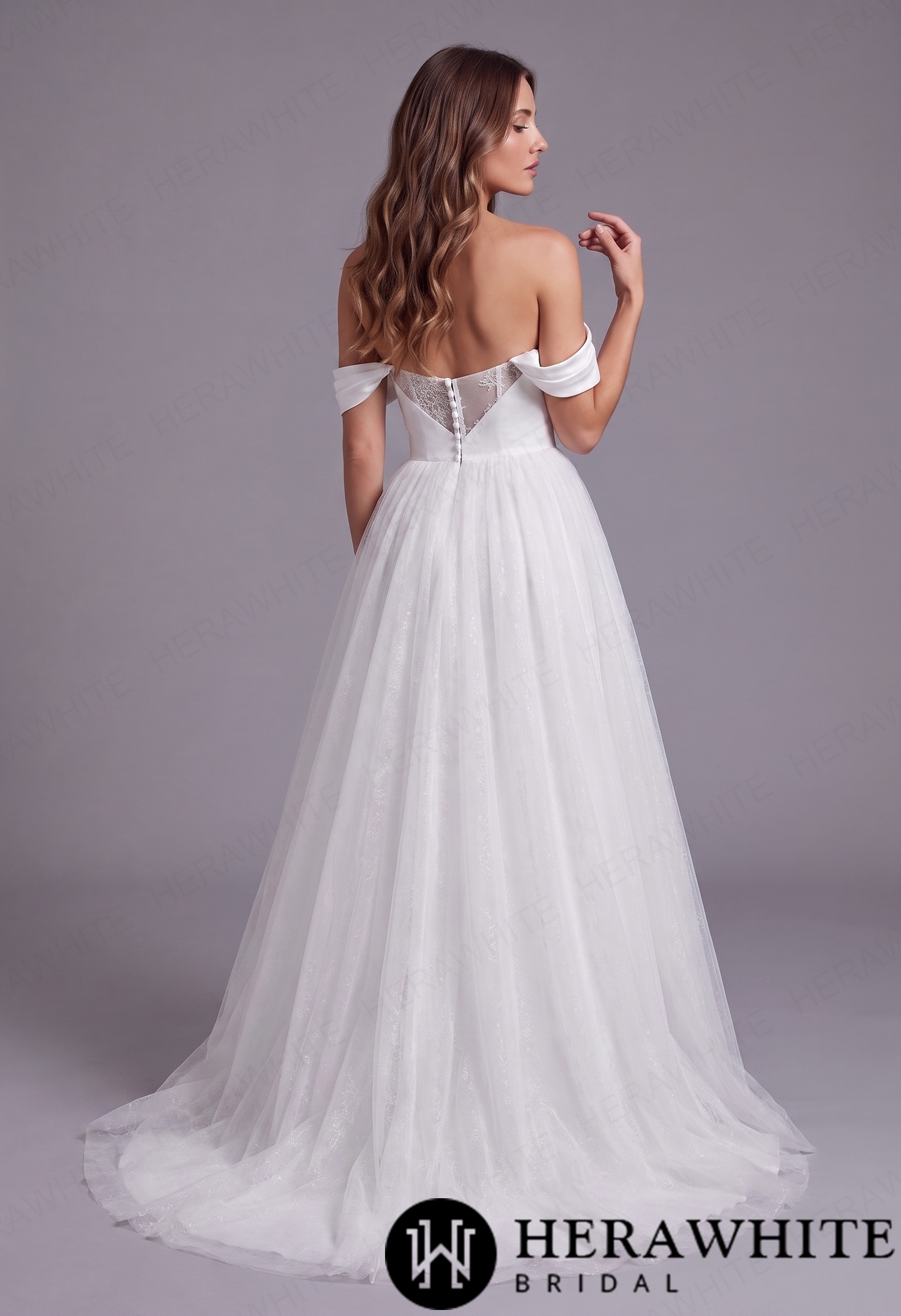 In Stock/  Off-the-Shoulder Satin Lace Ball Gown with Matching Satin Straps