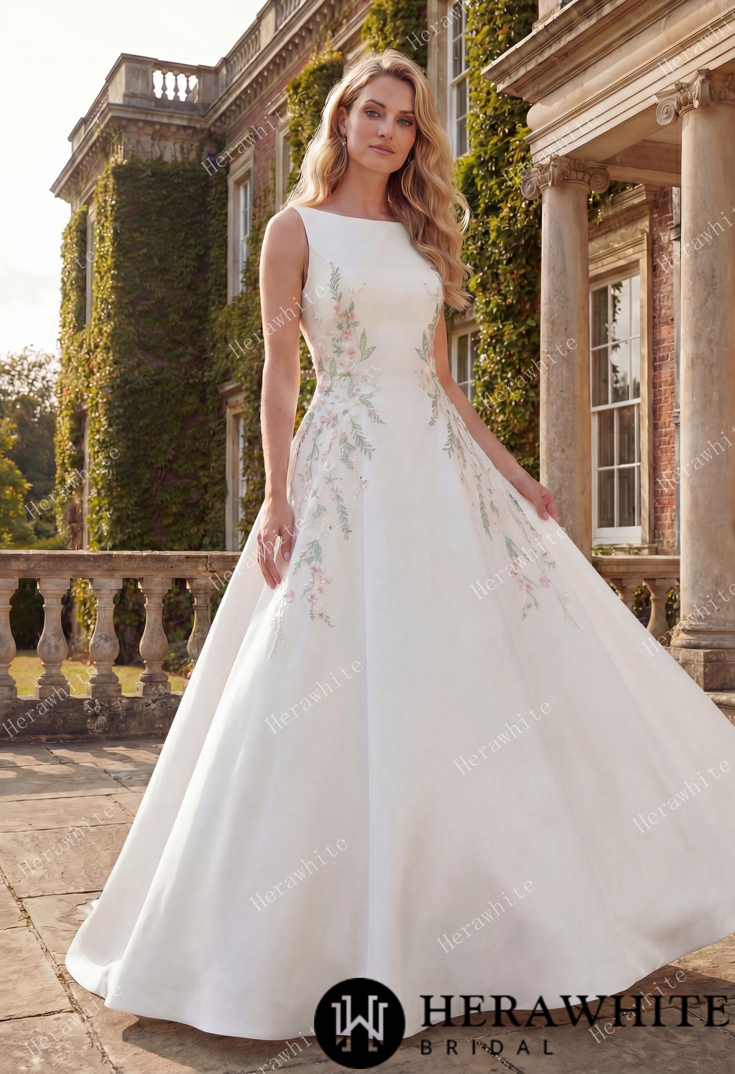 In Stock/High Neck Satin Ballgown with Florals and Open Back