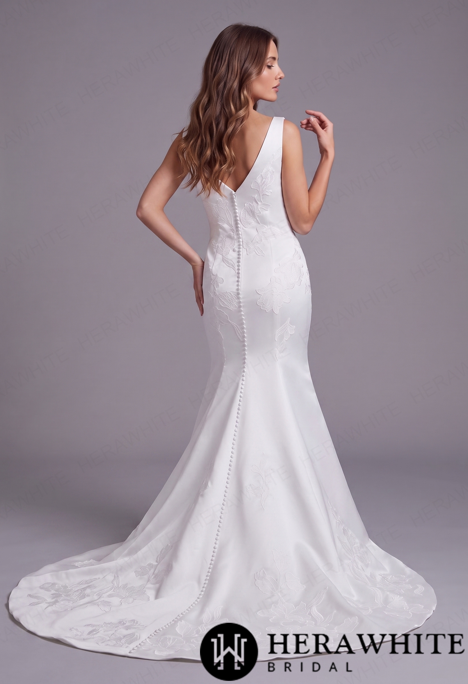 In Stock/Minimalist Curvy Fit Satin Bridal Gown with Handcrafted Floral Embroidery