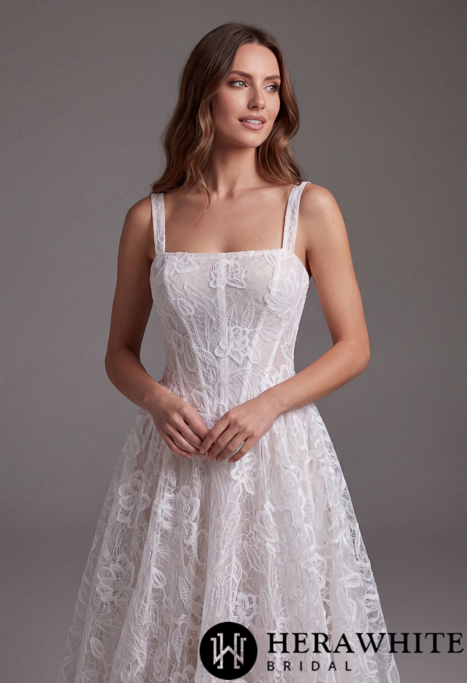 In Stock/  Romantic Square Neck Wide Strap Allover Lace  A-Line Wedding Dress