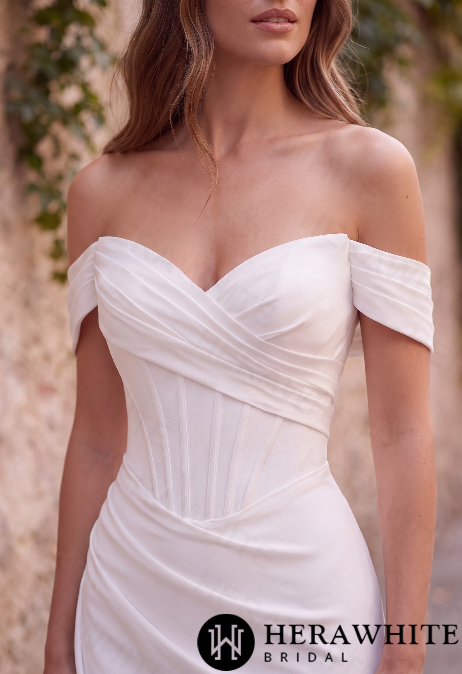 In Stock/ Sophisticated Off-Shoulder Crepe Wedding Dress with Pleated Bodice and Sweeping Train