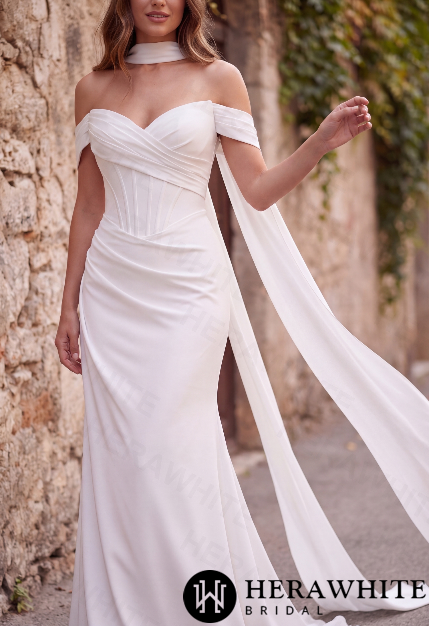 In Stock/ Sophisticated Off-Shoulder Crepe Wedding Dress with Pleated Bodice and Sweeping Train