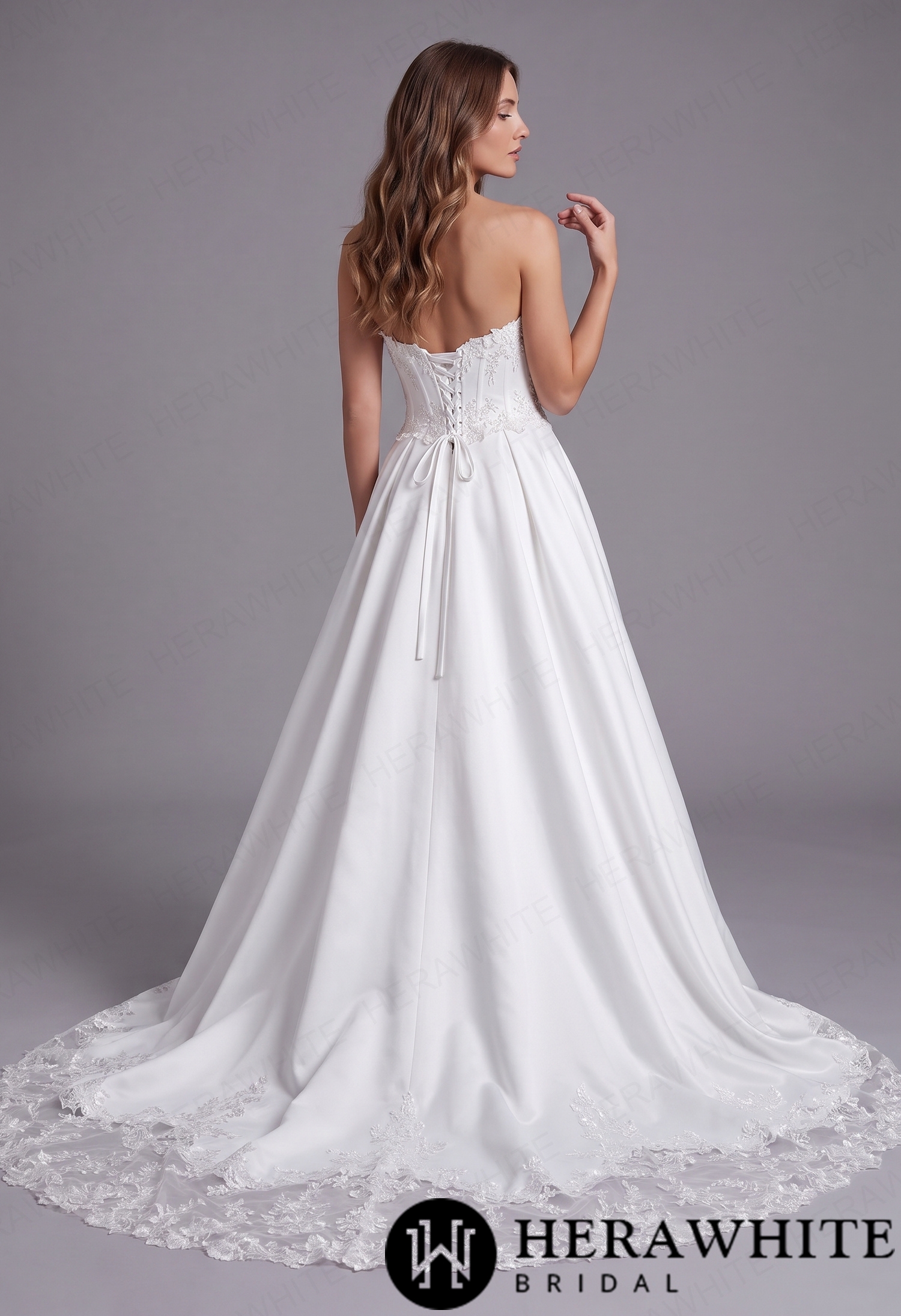 In Stock/ Elegant Sweetheart Satin A-Line Wedding Dress with Basque V Waist & Lace Train