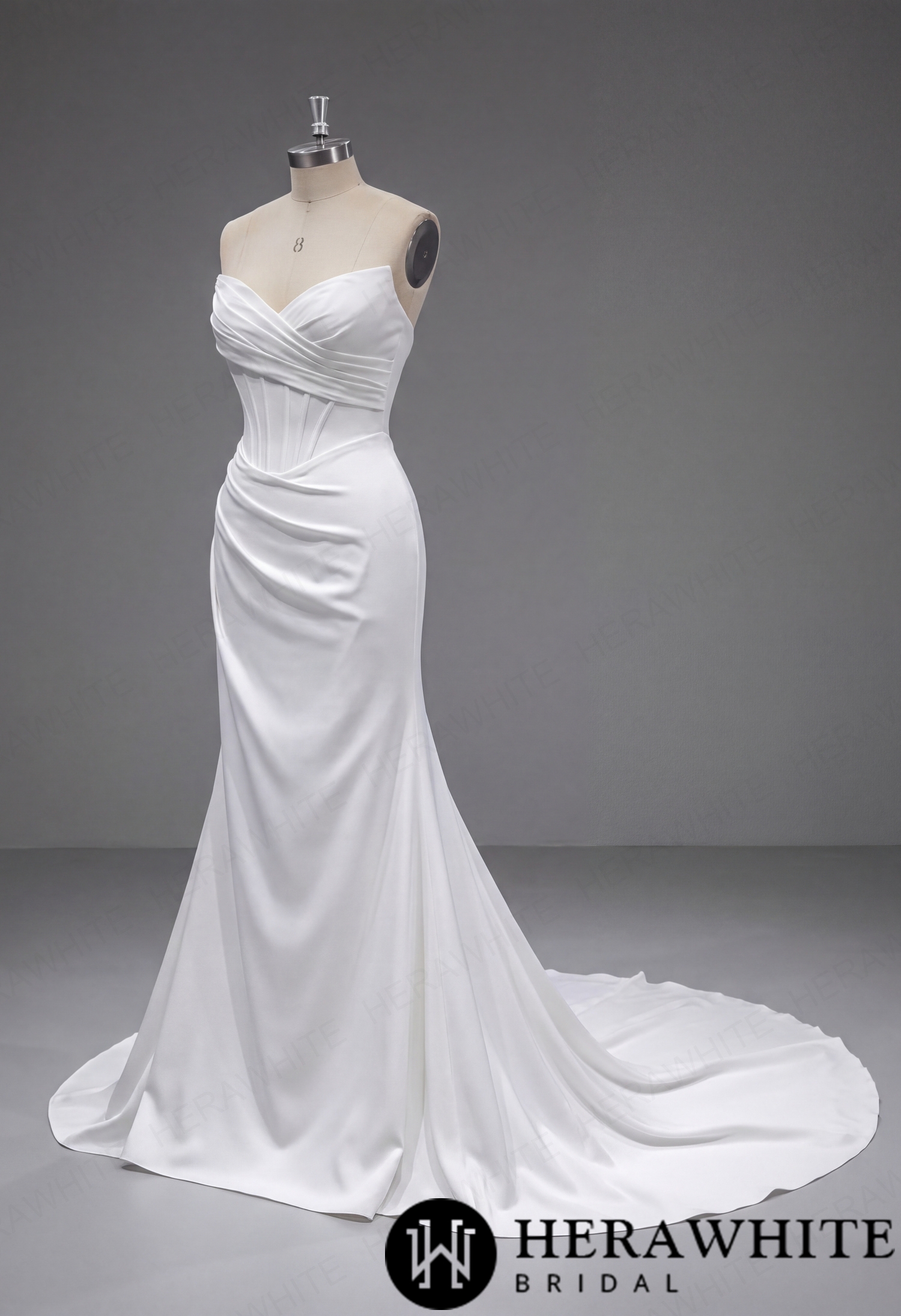 In Stock/ Sophisticated Off-Shoulder Crepe Wedding Dress with Pleated Bodice and Sweeping Train