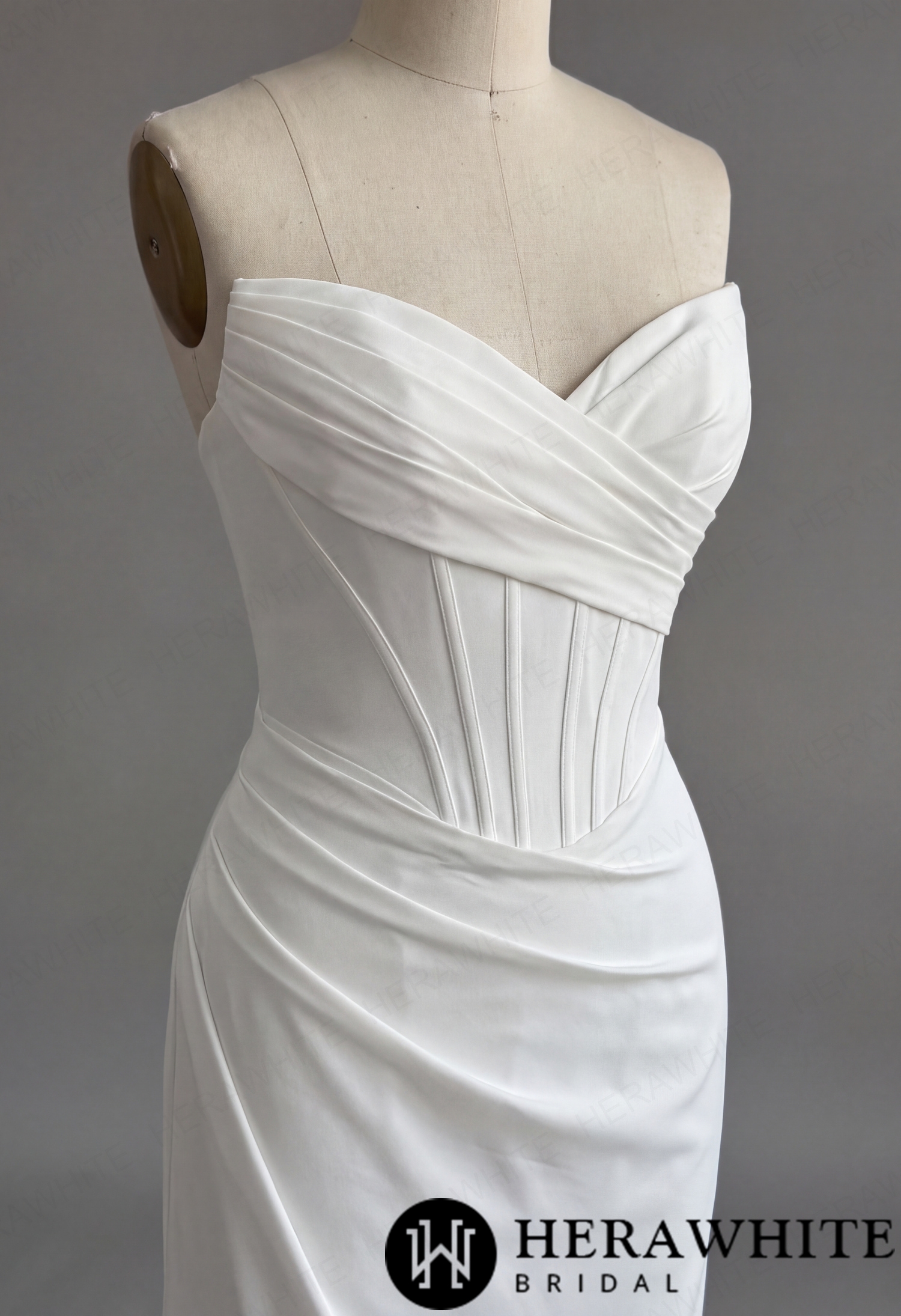 In Stock/ Sophisticated Off-Shoulder Crepe Wedding Dress with Pleated Bodice and Sweeping Train