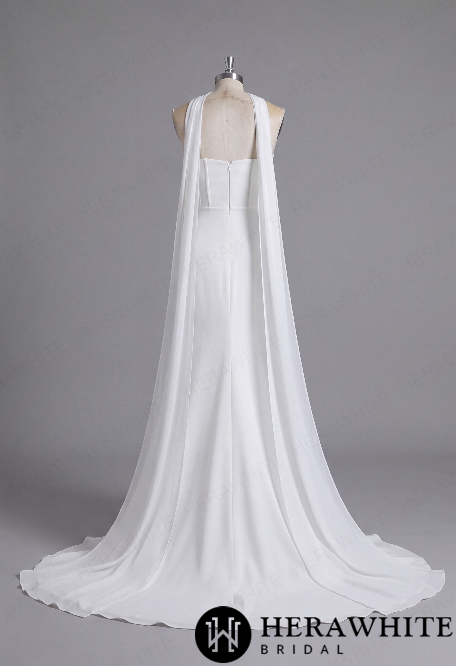 In Stock/ Sophisticated Off-Shoulder Crepe Wedding Dress with Pleated Bodice and Sweeping Train