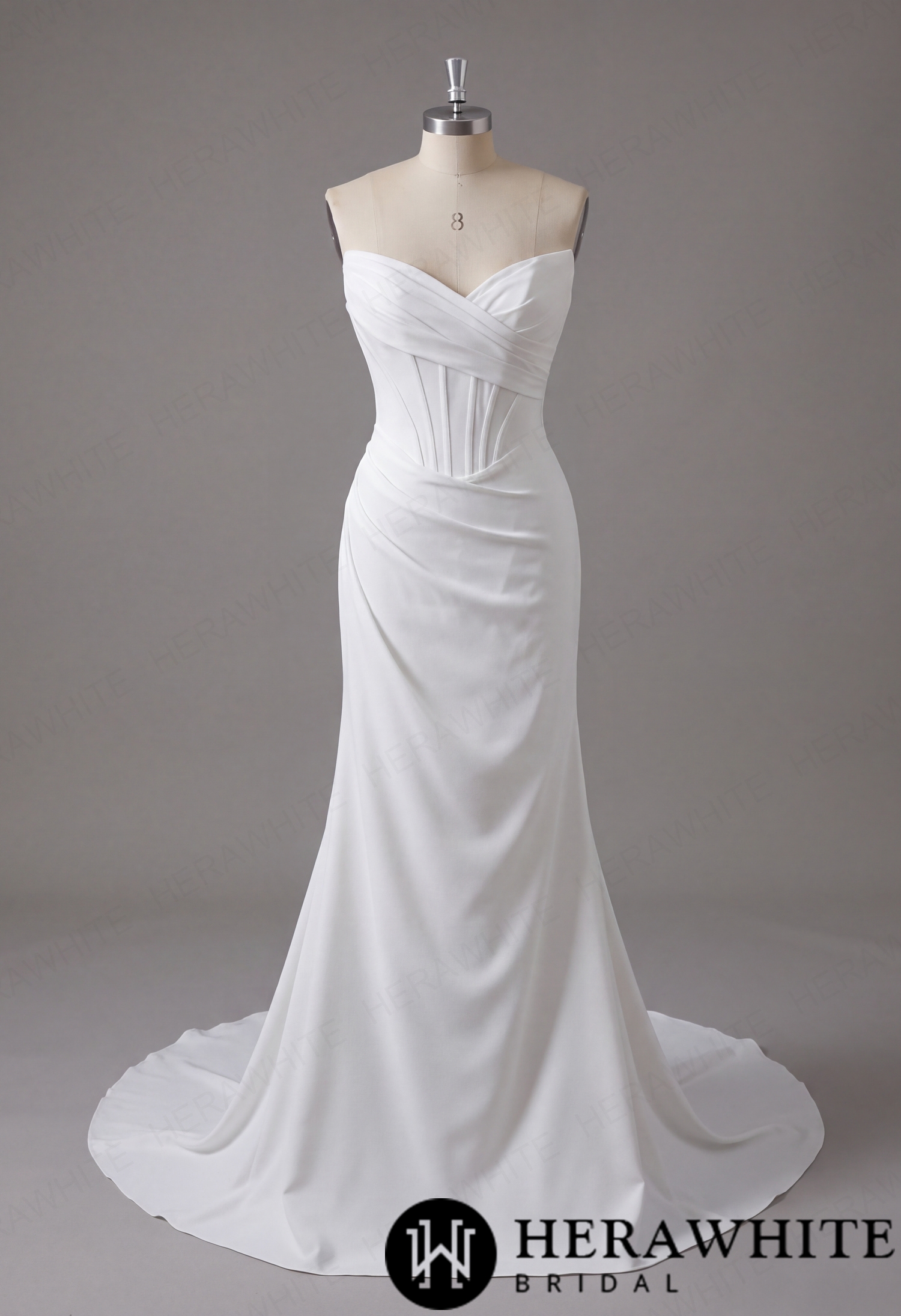 In Stock/ Sophisticated Off-Shoulder Crepe Wedding Dress with Pleated Bodice and Sweeping Train