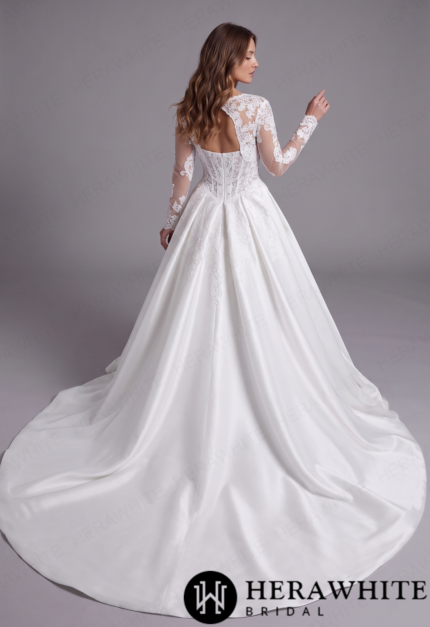 Lustrous Fluid Mikado Bridal Silhouette – Convertible Lace Overlay Jacket with Sheer Floral Arm Cuffs & Front Slit Train