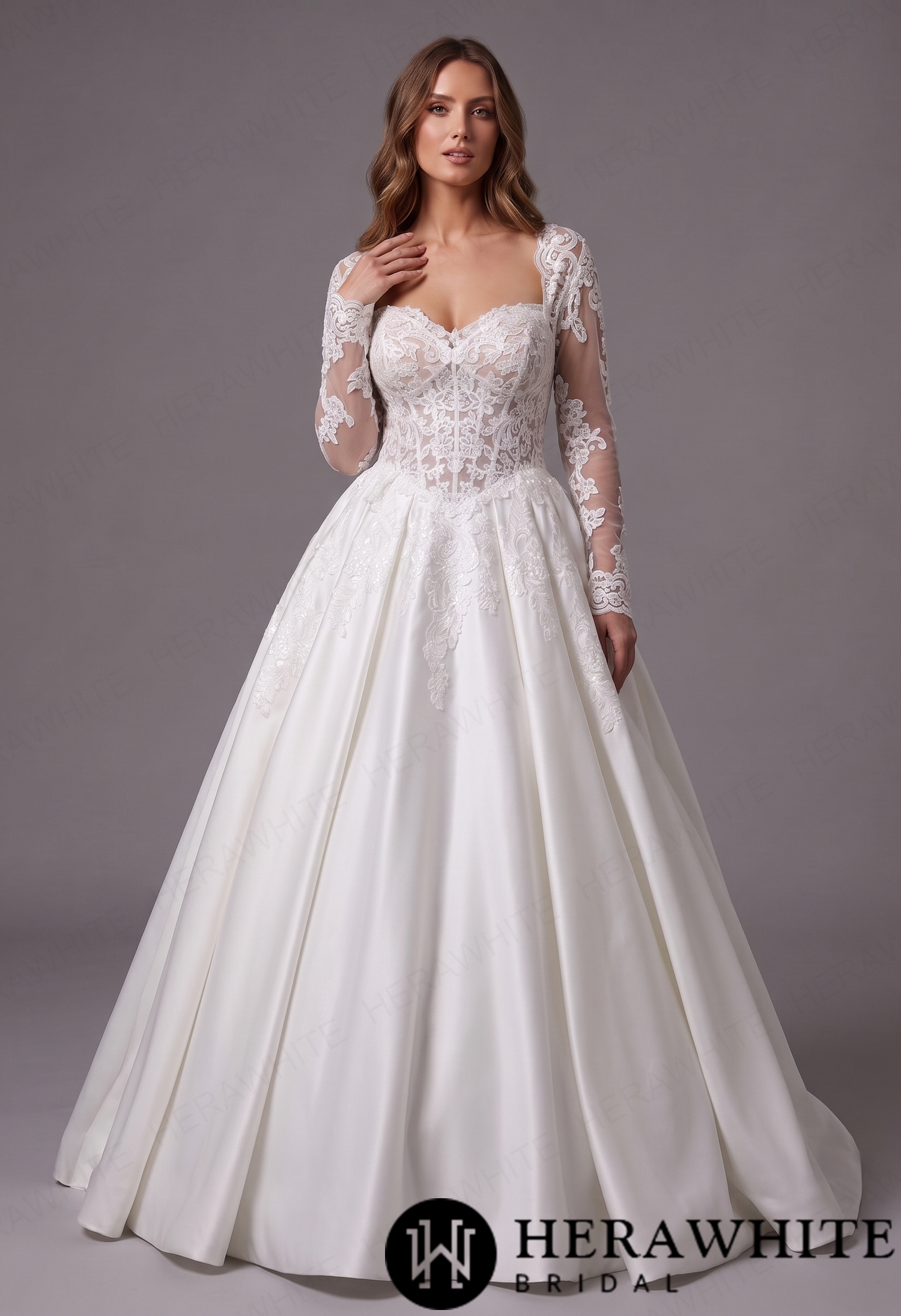 Lustrous Fluid Mikado Bridal Silhouette – Convertible Lace Overlay Jacket with Sheer Floral Arm Cuffs & Front Slit Train