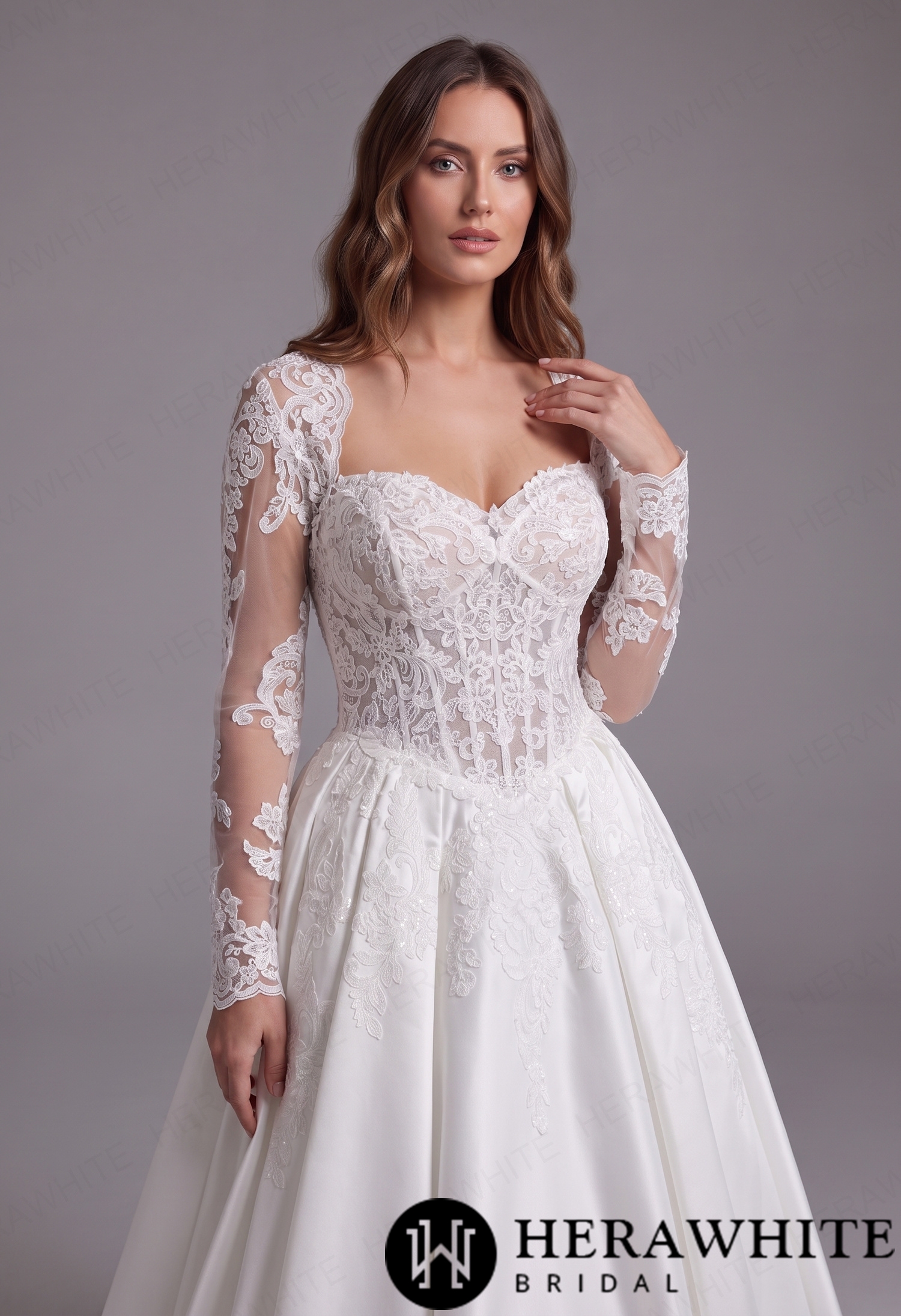 Lustrous Fluid Mikado Bridal Silhouette – Convertible Lace Overlay Jacket with Sheer Floral Arm Cuffs & Front Slit Train