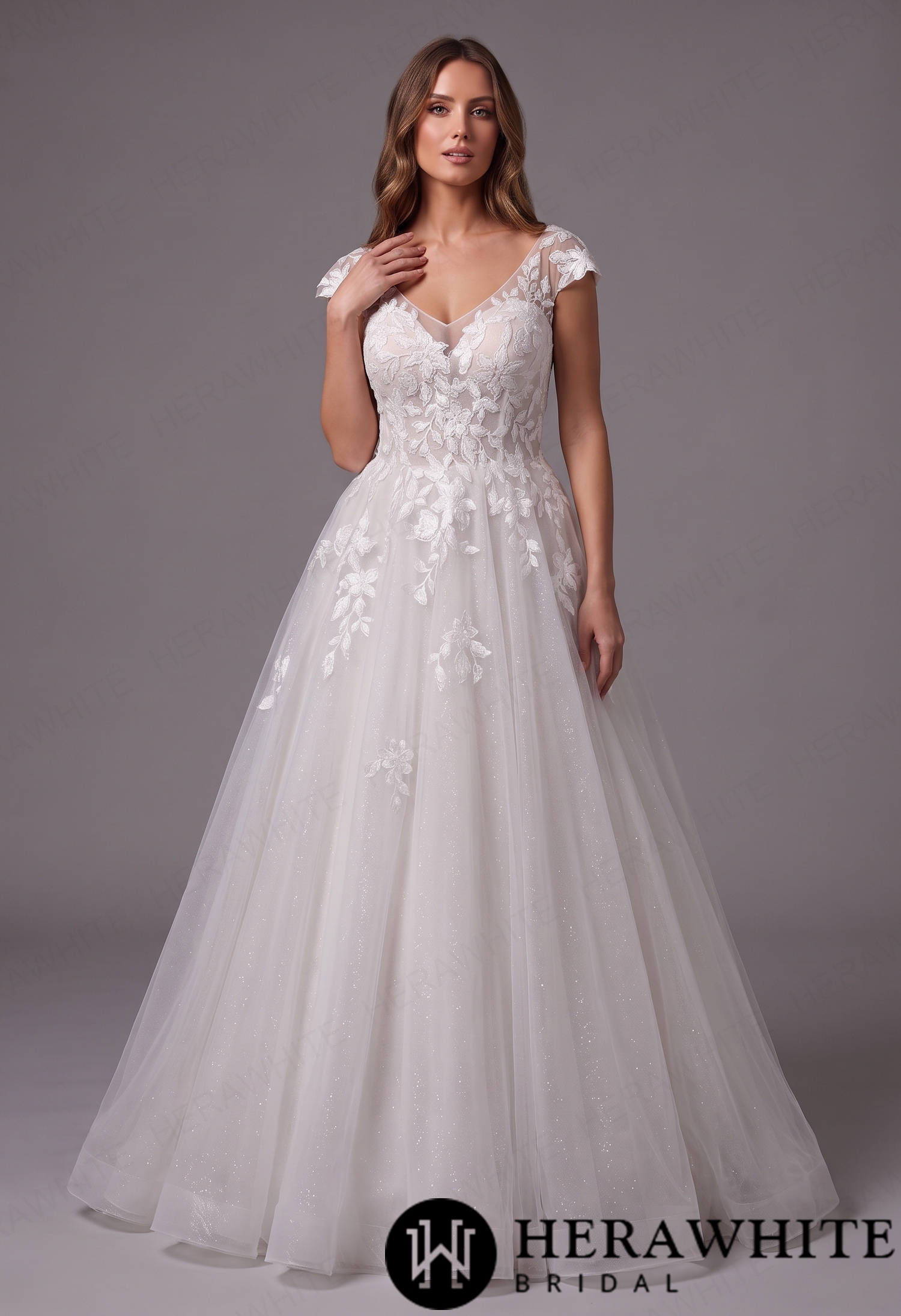 Whimsical A-Line Wedding Dress with Cap Sleeves & Illusion V-Neck