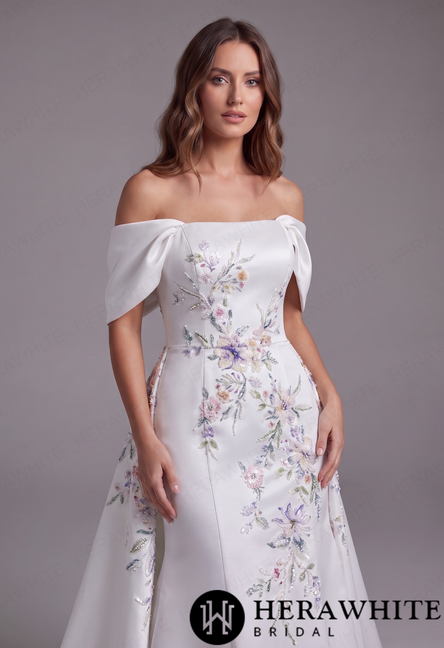 Colorful Strapless Neckline Satin Fit-and-Flare Wedding Dress with Detachable Cap Sleeves & Optional Separate Overskirt