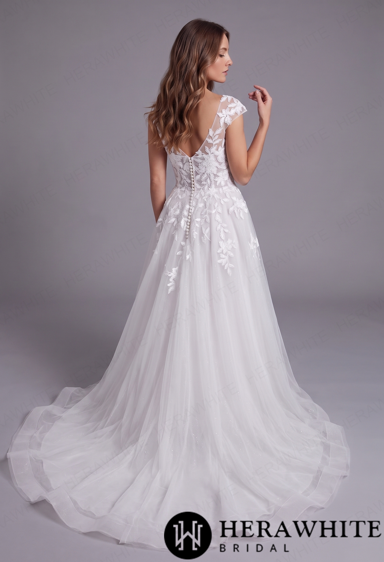 Whimsical A-Line Wedding Dress with Cap Sleeves & Illusion V-Neck