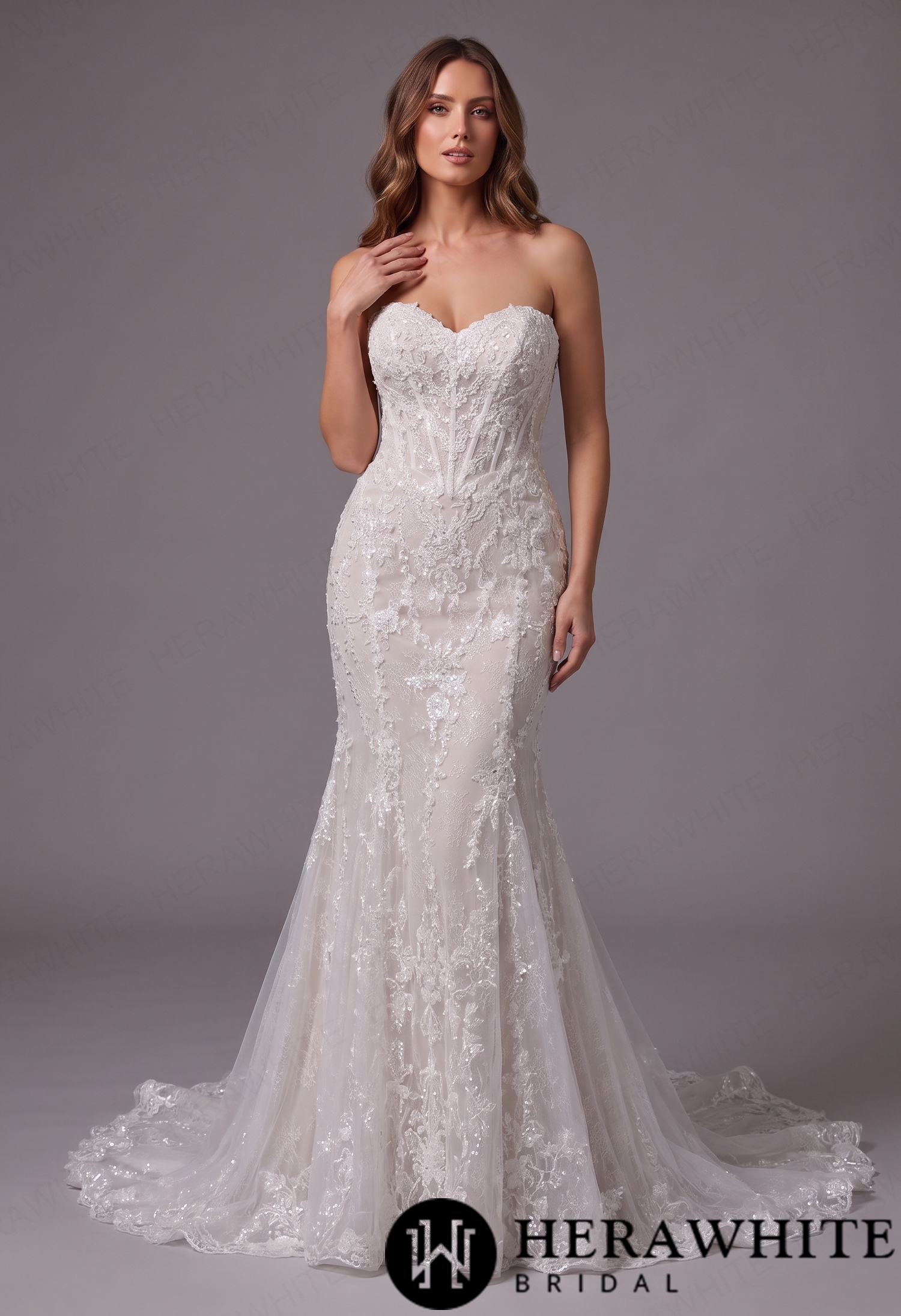 Luxury Beaded Floral Lace Fit and Flare Wedding Dres