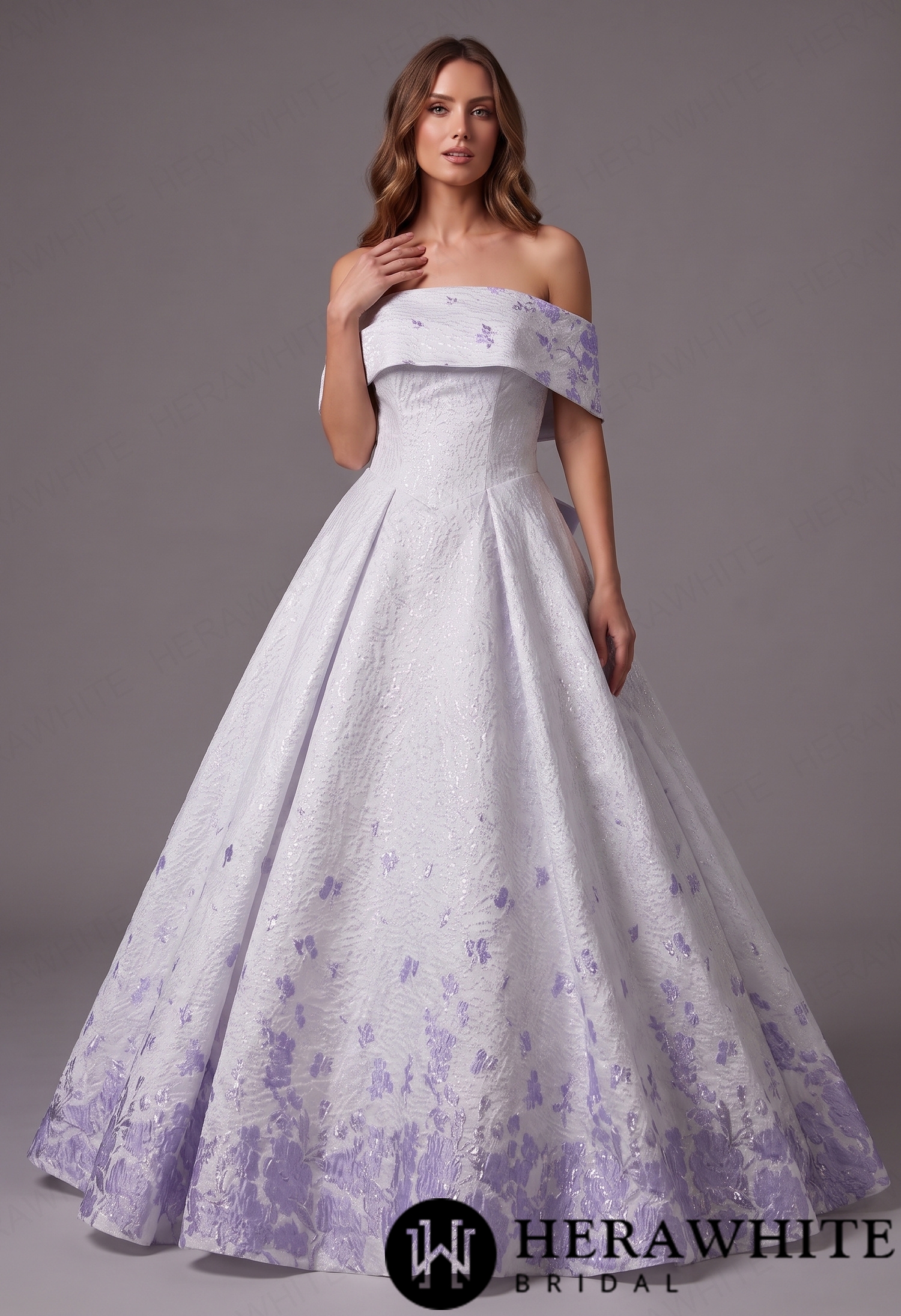 Dreamy Off-Shoulder Jacquard Ball Gown with Lavender Florals & Bow Train