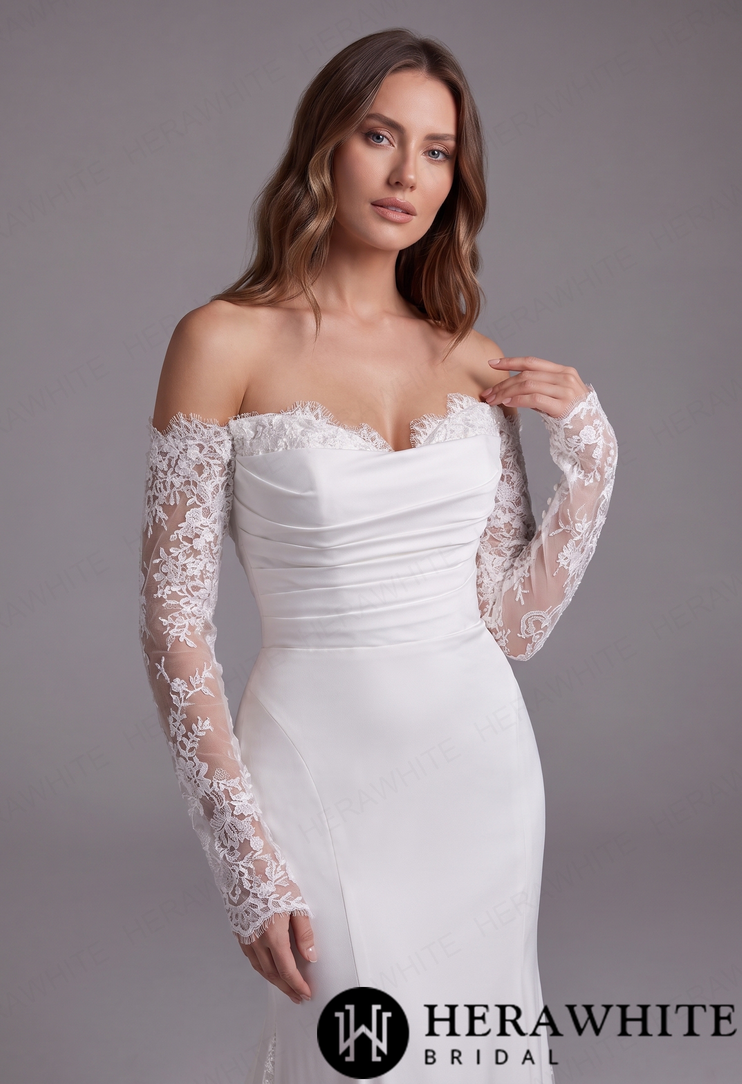 Satin Fit and Flare Wedding Dress with Detachable Lace Sleeves