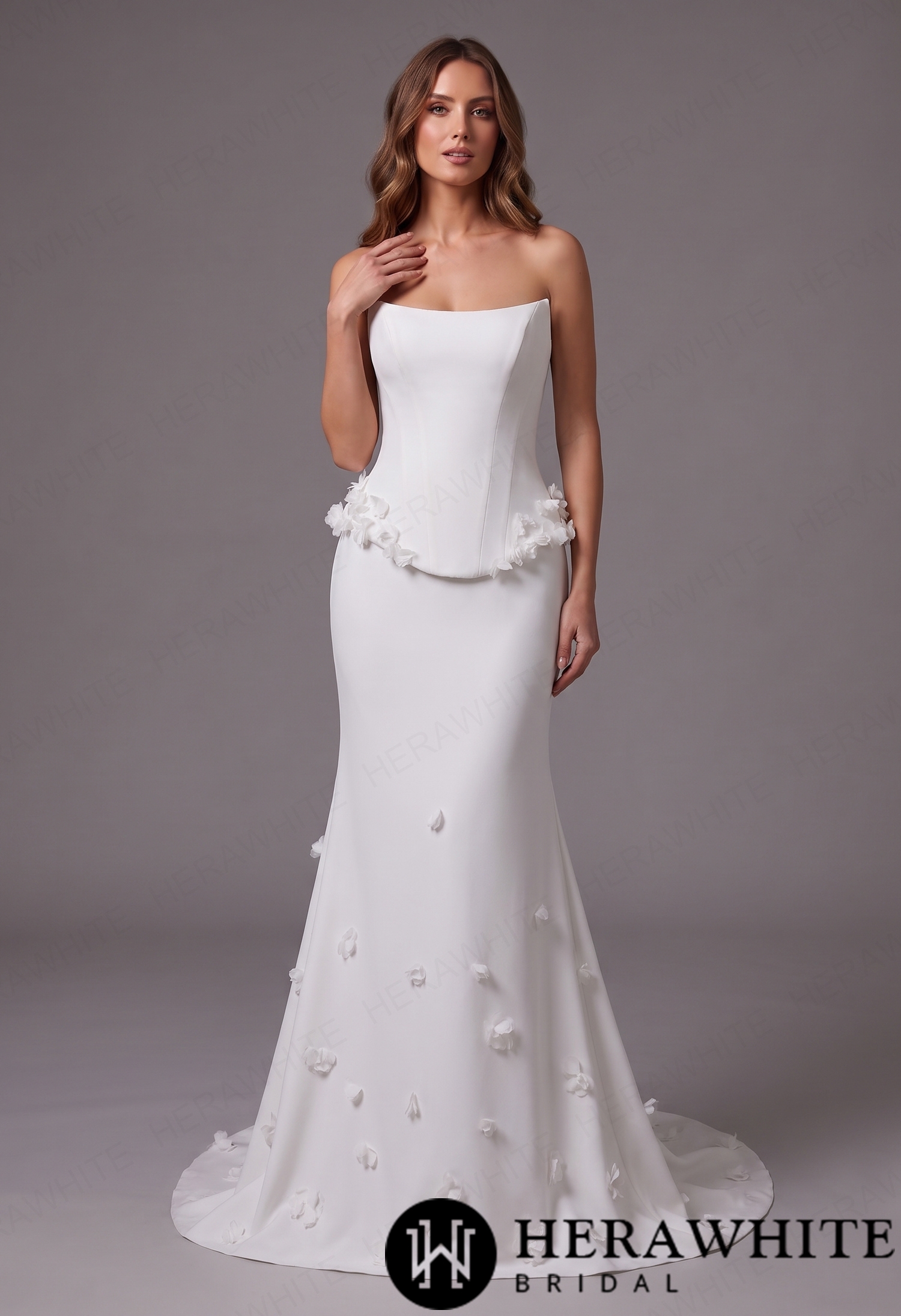 Elegant Strapless Crepe Fit and Flare Gown with 3D Florals