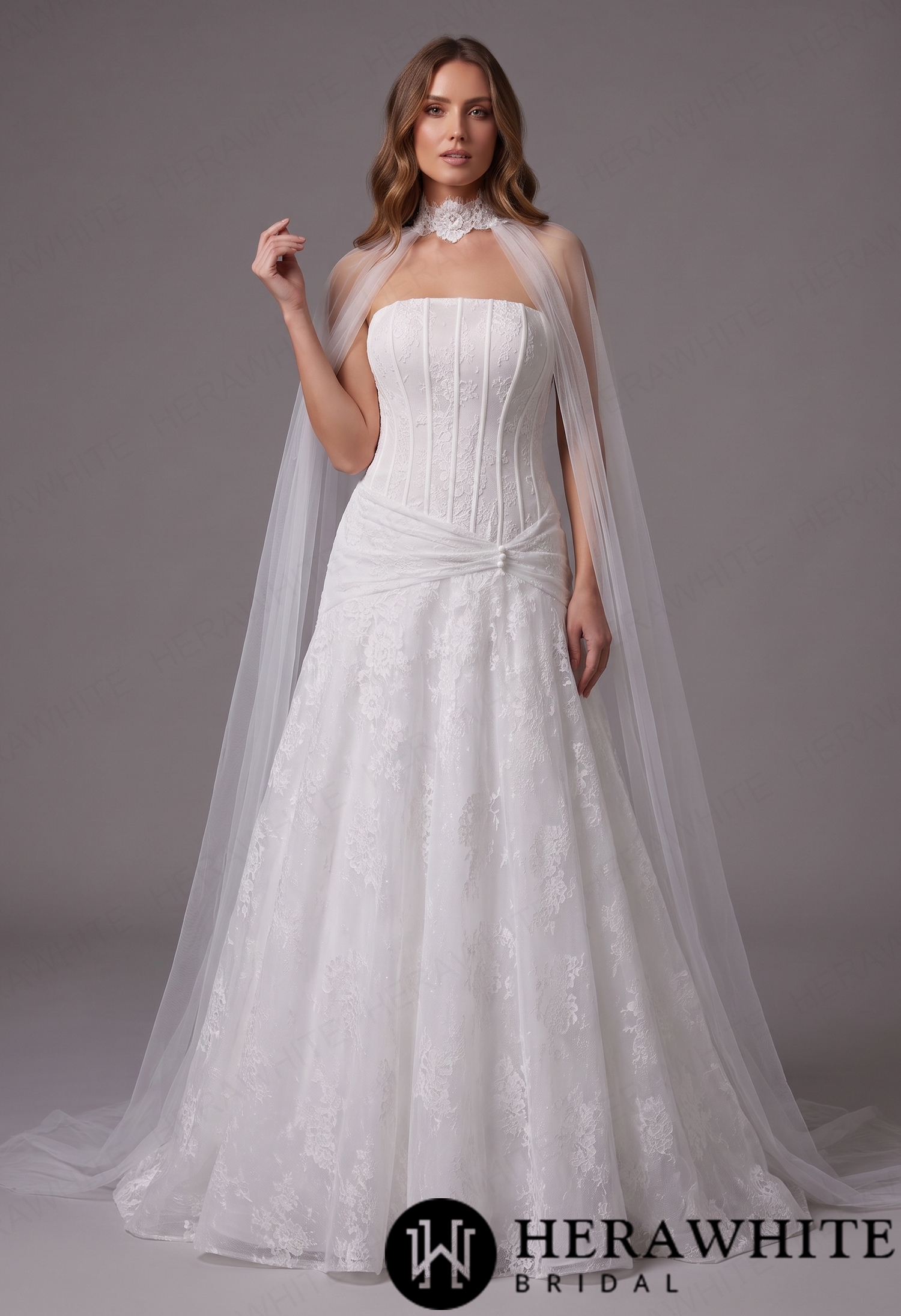 Romantic Strapless Chantilly Lace Wedding Dress with Tulle Cape