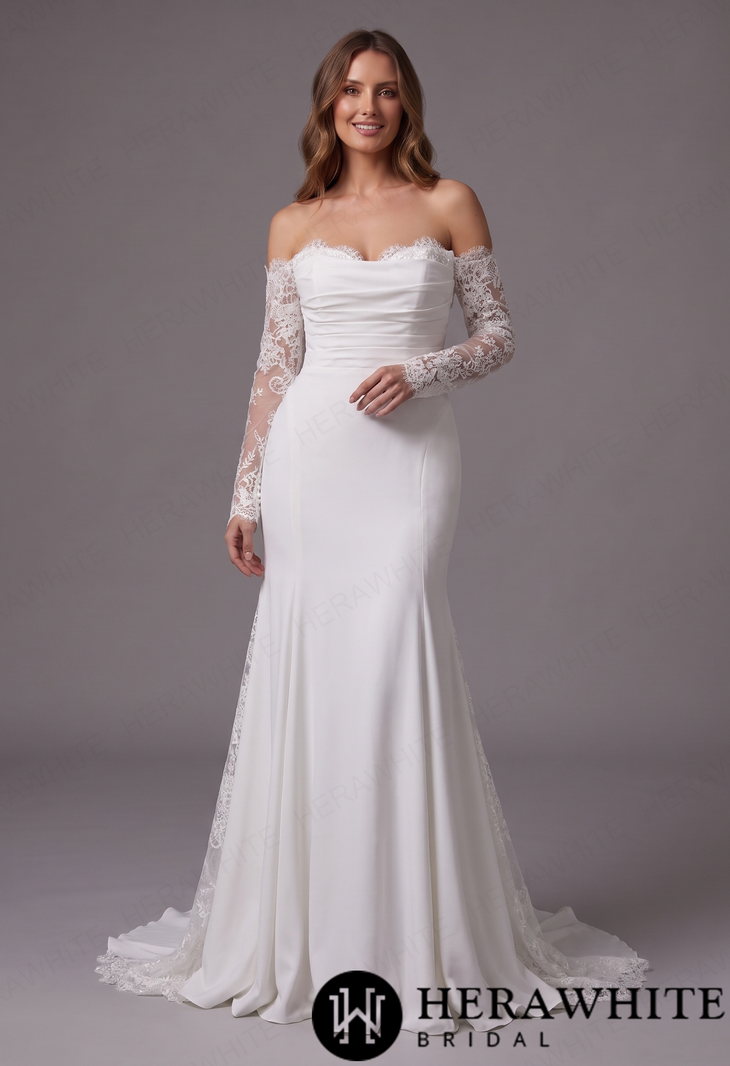 Satin Fit and Flare Wedding Dress with Detachable Lace Sleeves