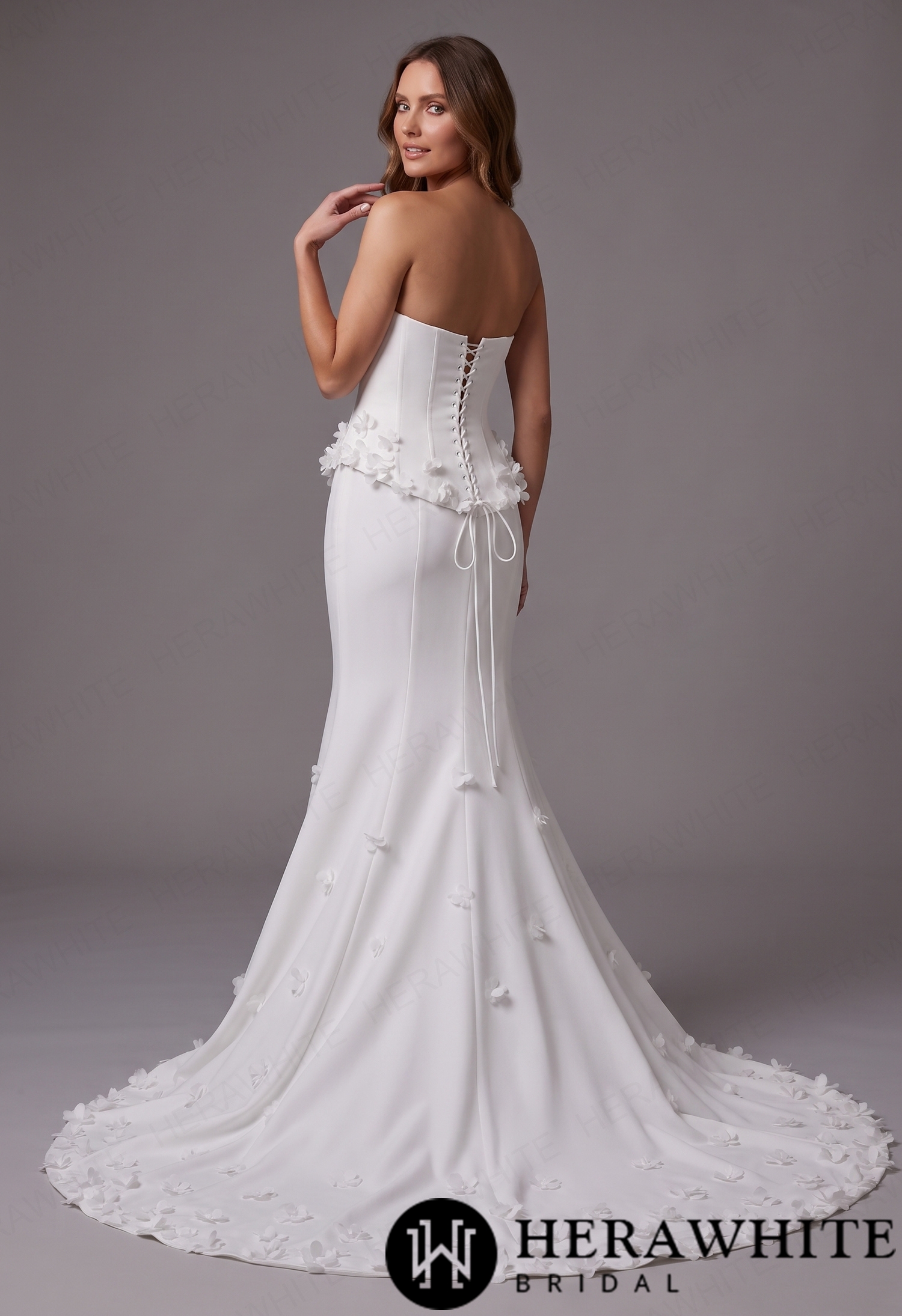Elegant Strapless Crepe Fit and Flare Gown with 3D Florals