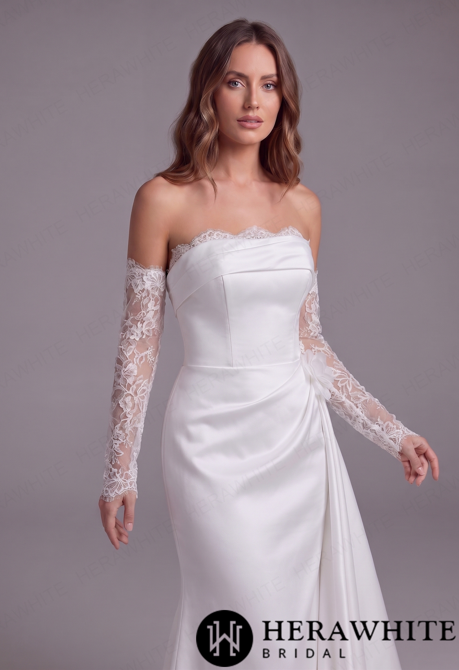 Elegant Satin Strapless A-Line Wedding Dress with Detachable Lace Sleeves