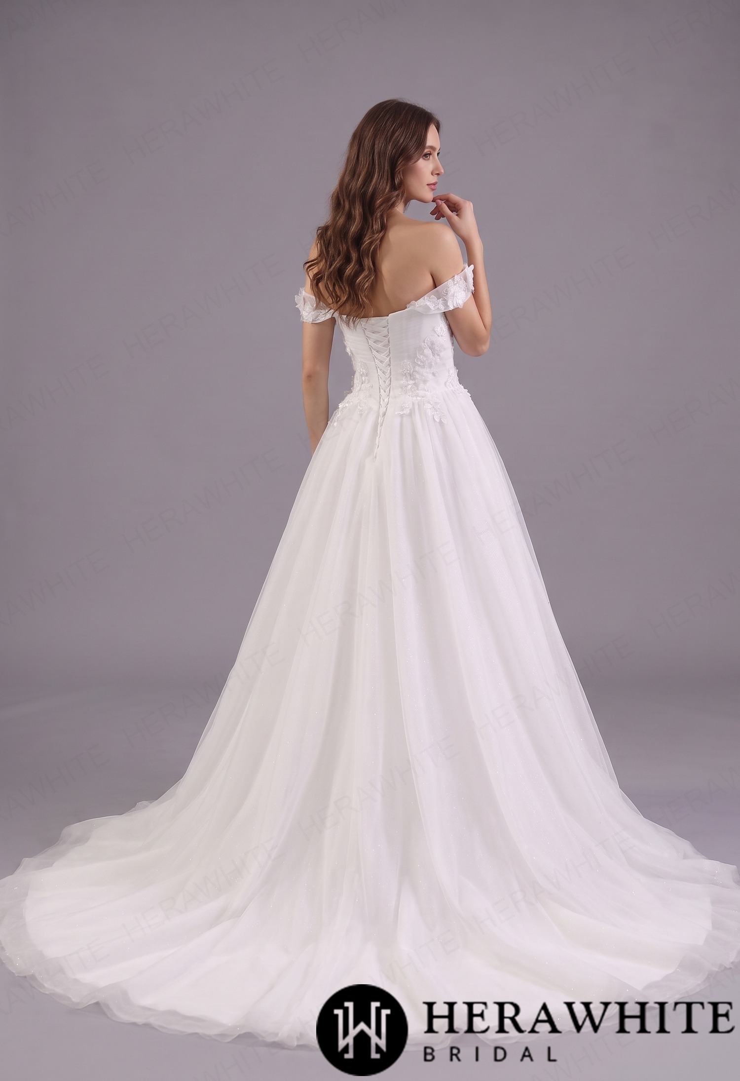 Romantic Bardot Tulle Ballgown with Raised Floral Detailing