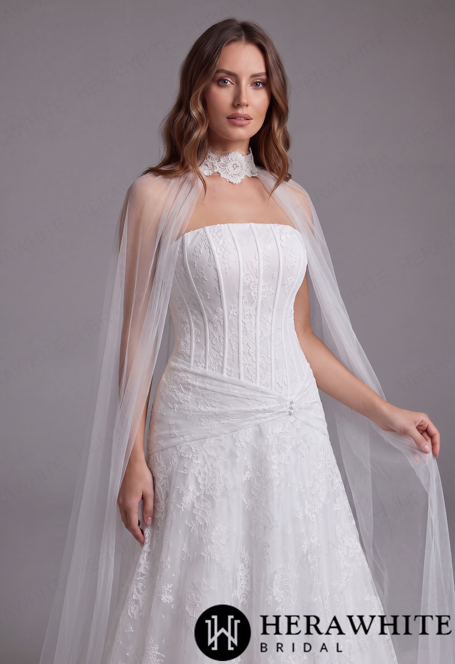 Romantic Strapless Chantilly Lace Wedding Dress with Tulle Cape